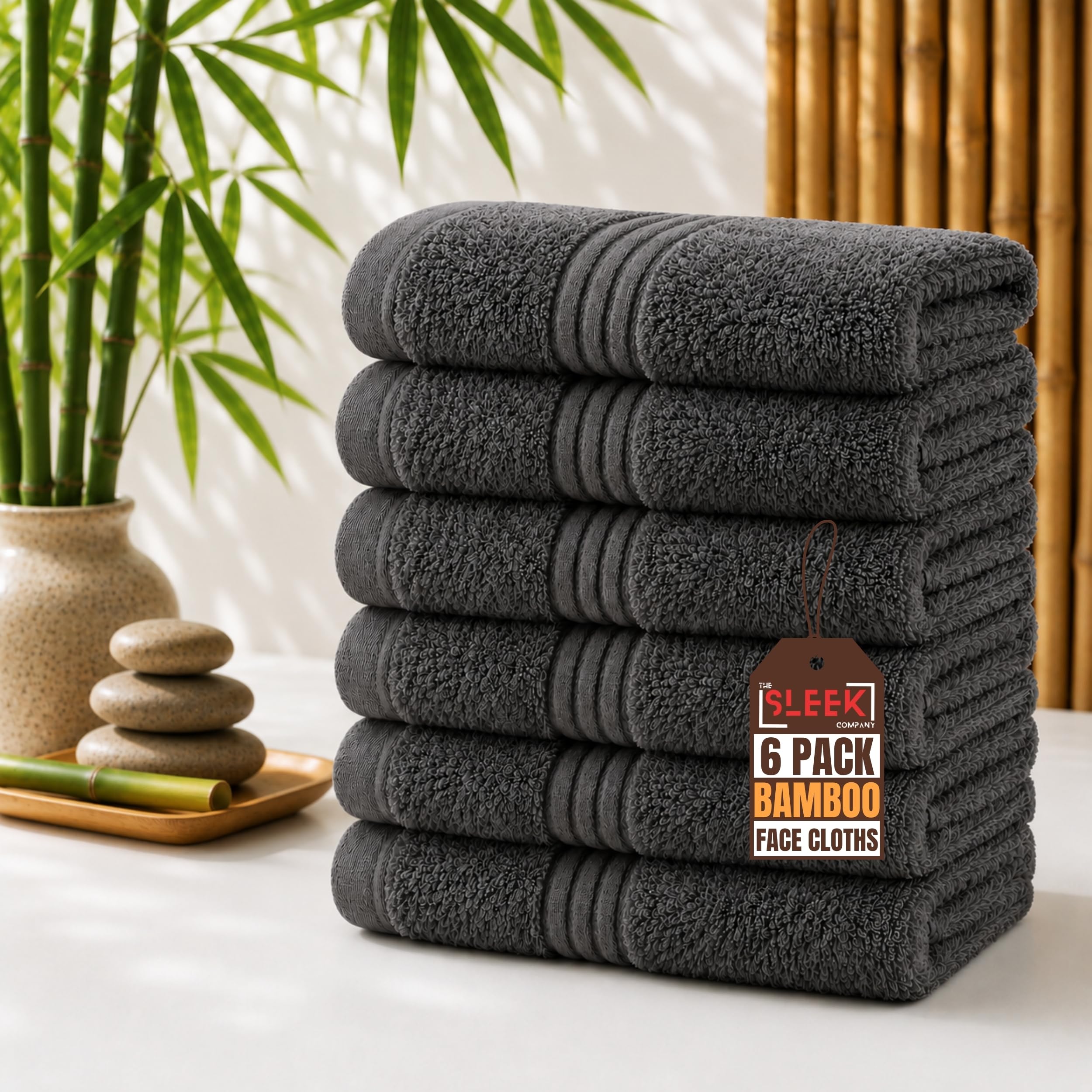 Luxury 700 GSM Bamboo Face Cloths (33 x 33 cm) – Pack of 6 – Soft, Hypoallergenic & Antibacterial Wash Cloth – Absorbent & Quick Dry Face Towels – Ideal for Home, Hotel, Gym, Skincare & Spa (Charcoal)
