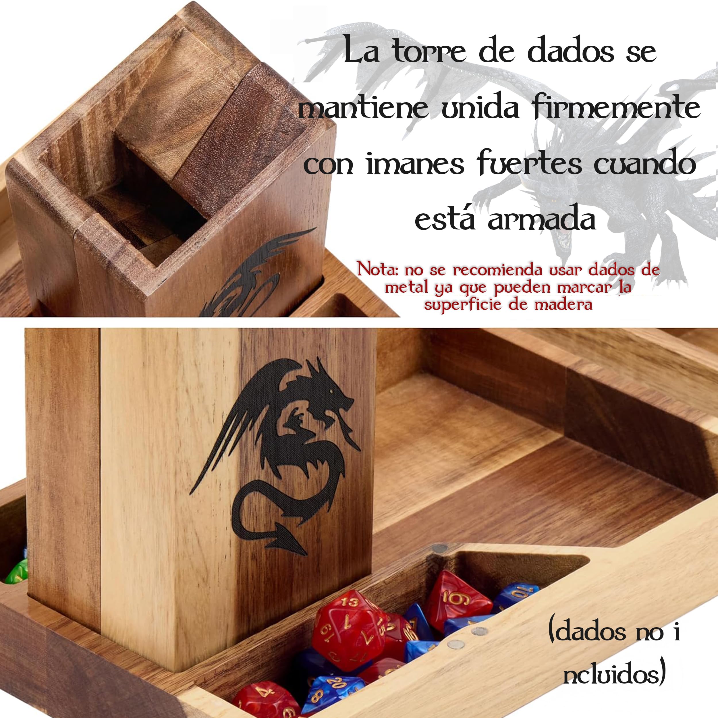 Tapeera Torre de Dados magnética de Madera con Bandeja para DND - Torre portátil con cámara de Dados, rodante para Juegos RPG y Mesa - Accesorios Mazmorras y Dragones