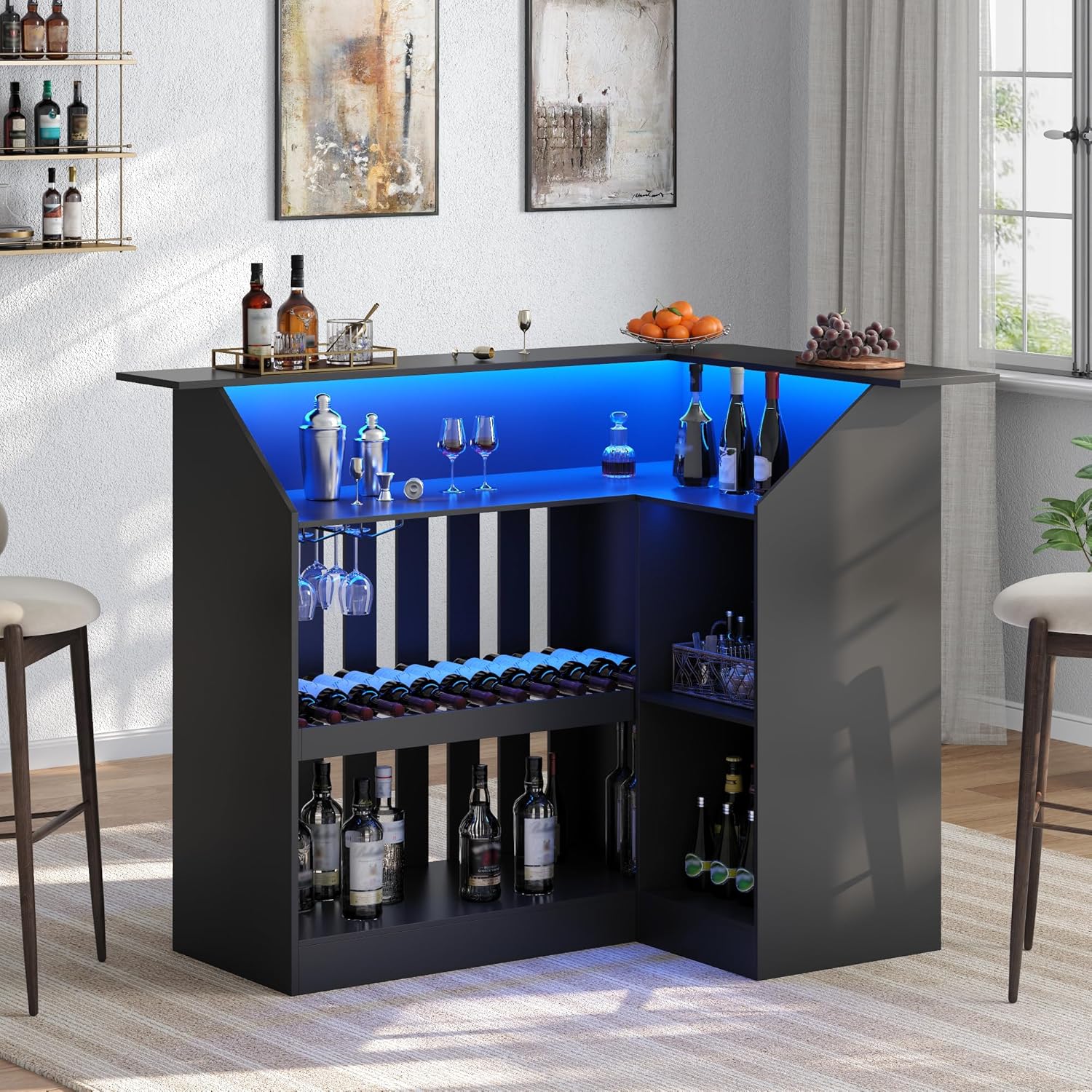 L Shape Bar Tables with Led Light - at Home Bar Unit with Stemware Racks & Movable Bottle Racks, 4-Tier Black Drink Bar Stand with Grille, Corner Wine Bar Cabinet Basement Bars for Home Pub (Black)