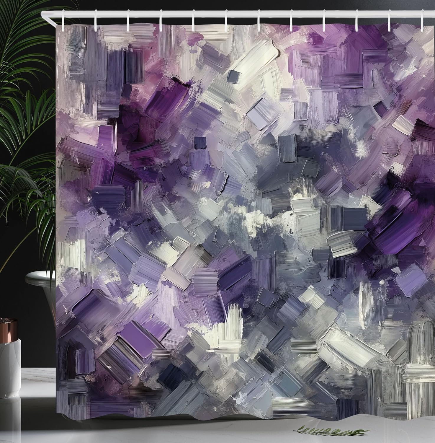 Ambesonne Purple Shower Curtain, Monochromatic Tones Abstract Crystal Cave Paint Brushstroke Technique, Cloth Fabric Bathroom Decor Set with Hooks, 69" W x 84" L, Violet Pale Grey Dimgray
