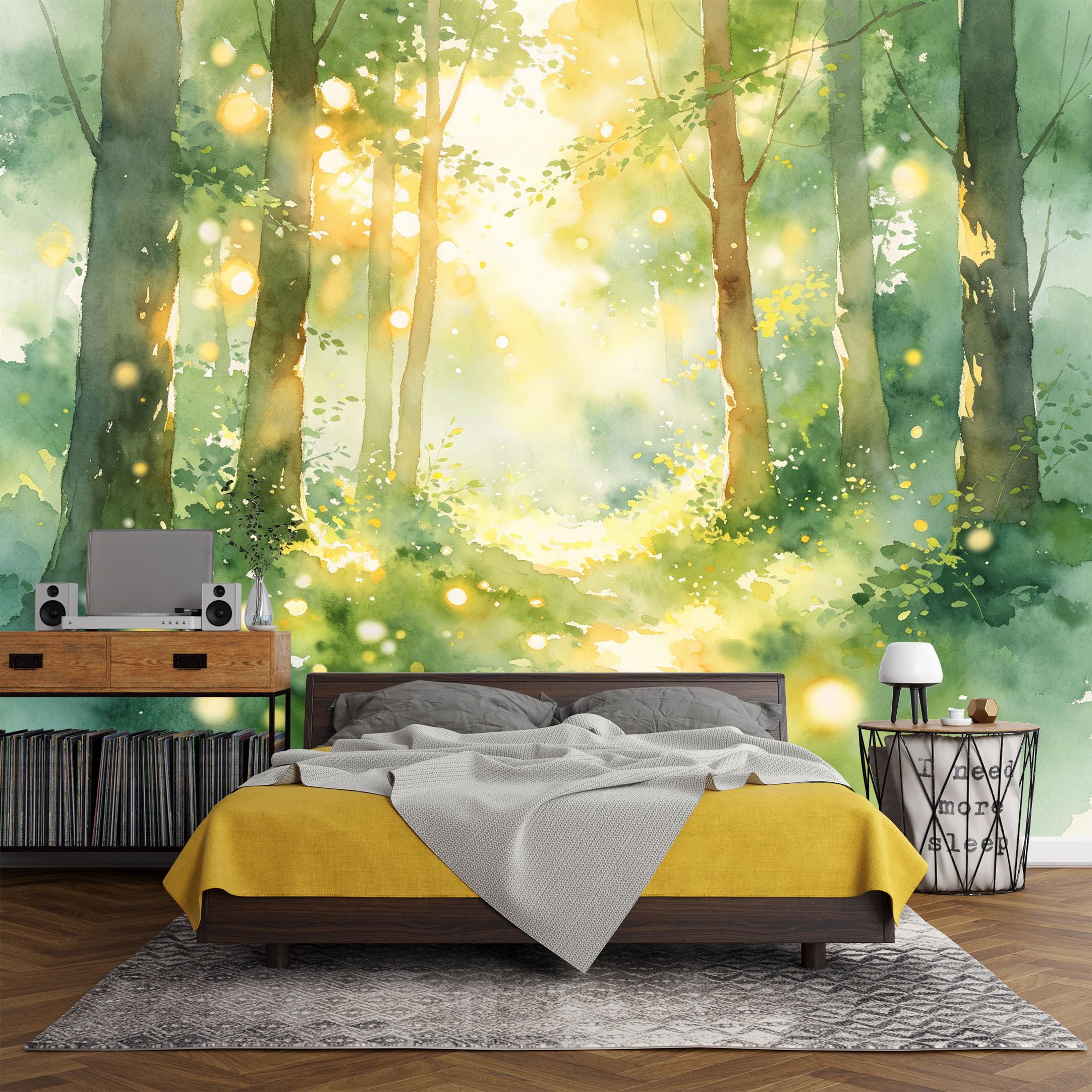 Custom Size Wall Mural， Forest Sunlight Path Watercolor Landscape Nature Green Trees，SelfAdhesive Art Prints wall Fabric (No PVC) Removable Wallpaper Living Room Decor