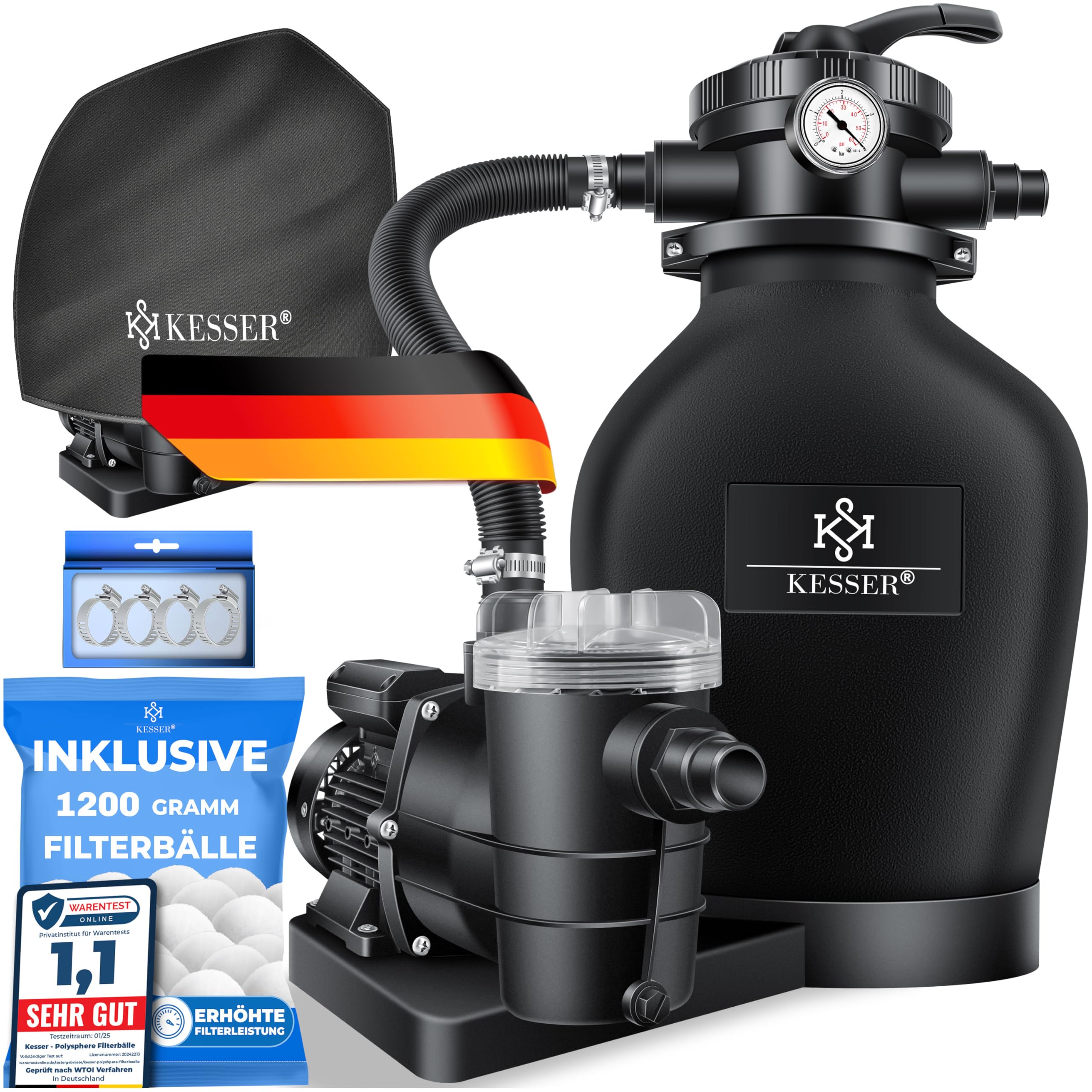 KESSER® Sandfilteranlage mit Pumpe & 1200g Filterbälle | Poolfilter 600W | Sandfilter für Pool 13200L/h Durchfluss | Tankvolumen bis 30kg Sand | 7-Wege Ventil mit Druckmanometer, Abdeckung & Zubehör