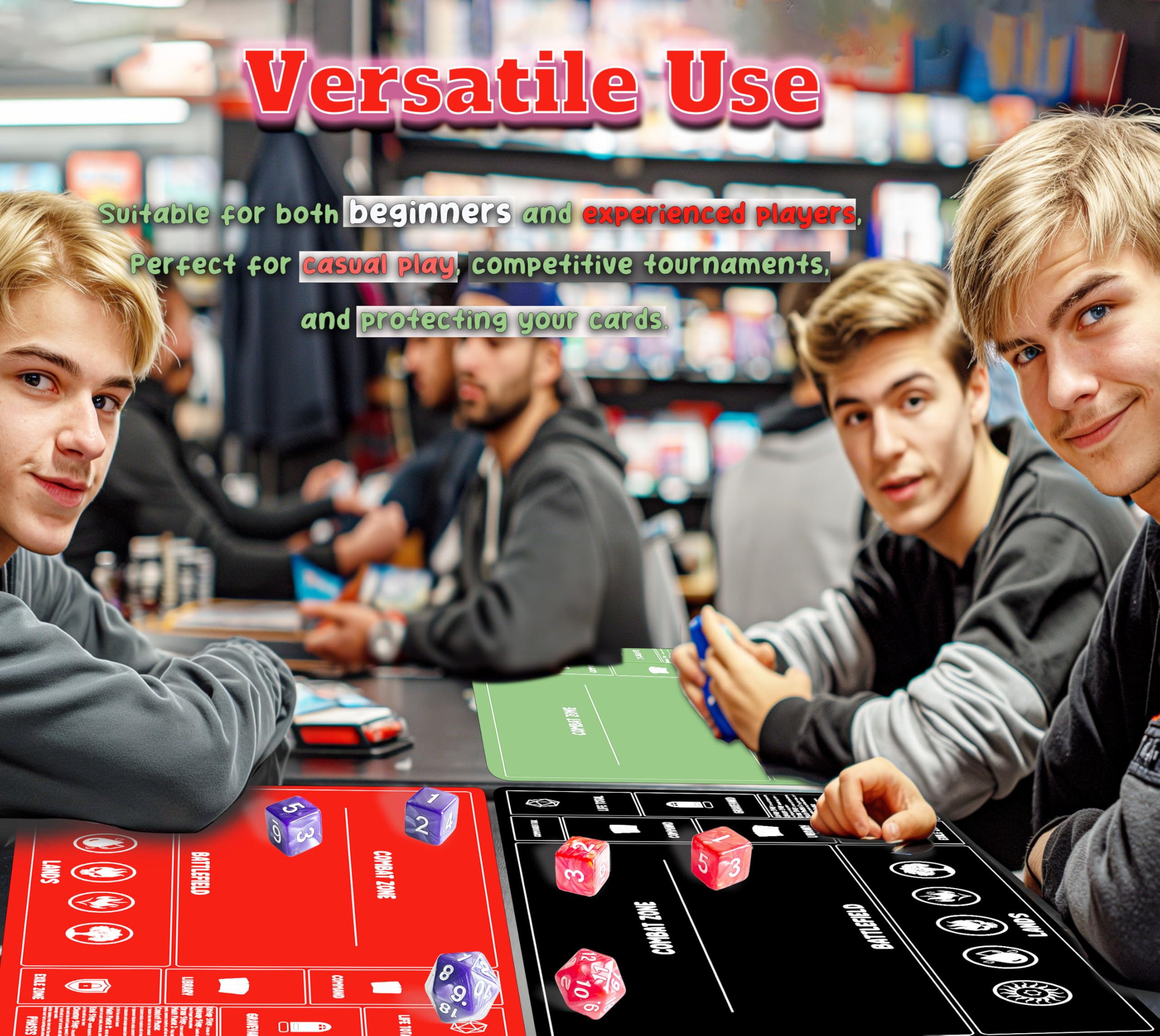 Card Game Playmats MTG Playmat for Beginner 2 Pack with Dices, Magic Mat Commander Deck Card Playmat for TCG MTG Accessories Play Mat 24x14 Inches Duel Card Battles, Black/Blue