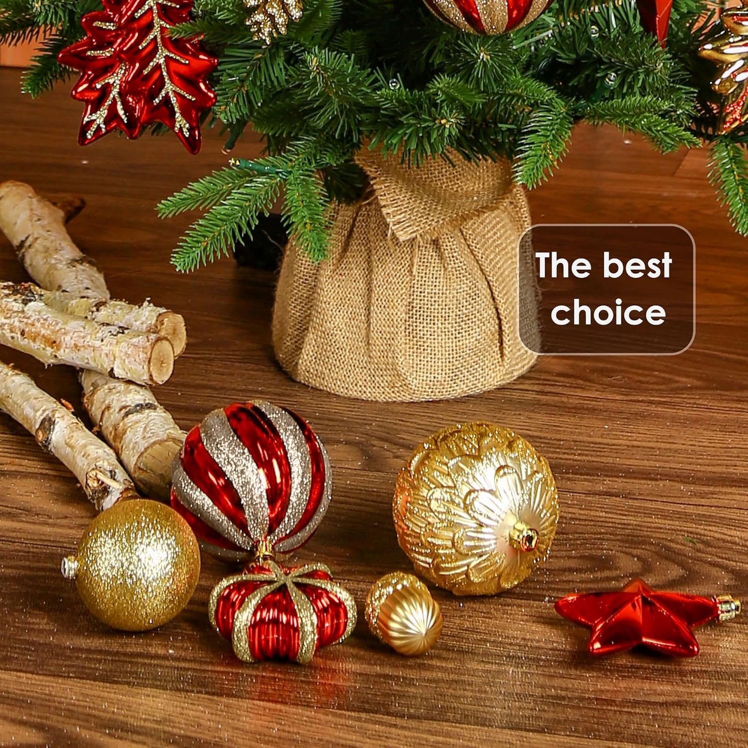 Alupssuc 103pcs Christmas Balls Ornaments Set, Gnome Christmas Tree Decorations with Hanging Strings, Shatterproof Plastic Baubles for Xmas Tree Holiday Wedding Party Decorations, Red and Gold