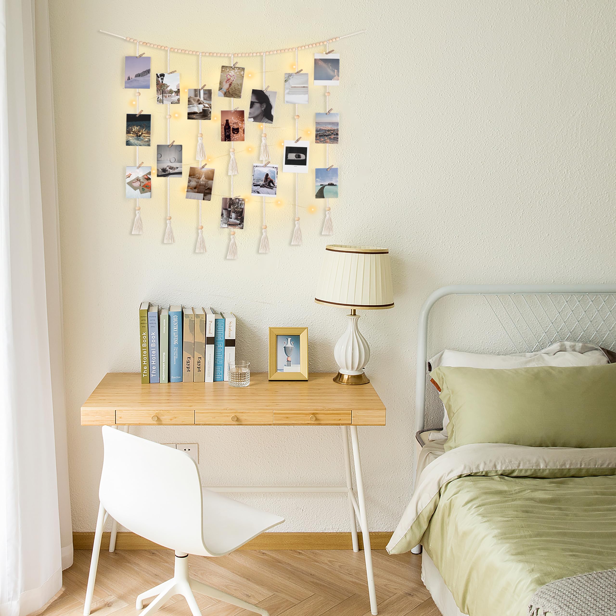 Decoración de pared colgante de macramé con tira de luces, estilo bohemio, habitación, cuentas de madera, guirnalda con 30 clips 3
