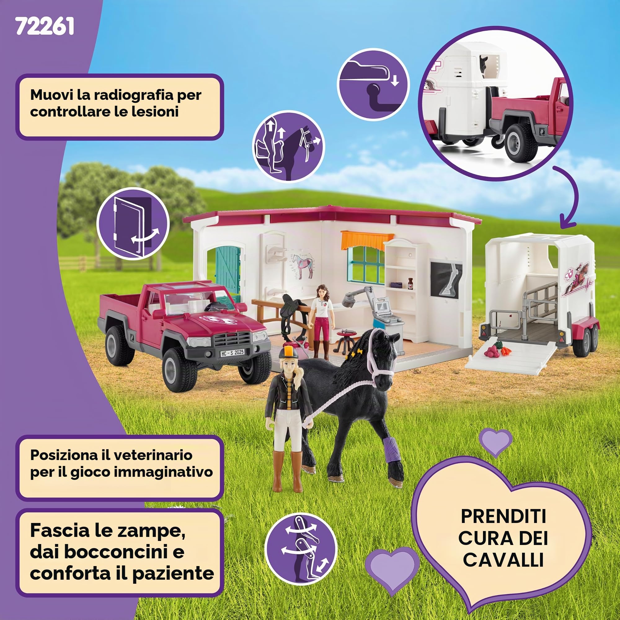 Schleich Horse Club | Visita dal Veterinario 72261 | dai 5 Anni | 61 Pezzi | Set con casa, pick-up, rimorchio, 2 figure snodabili, cavallo e accessori | Regalo per bambini dai 5 anni | Set da 61 pezzi