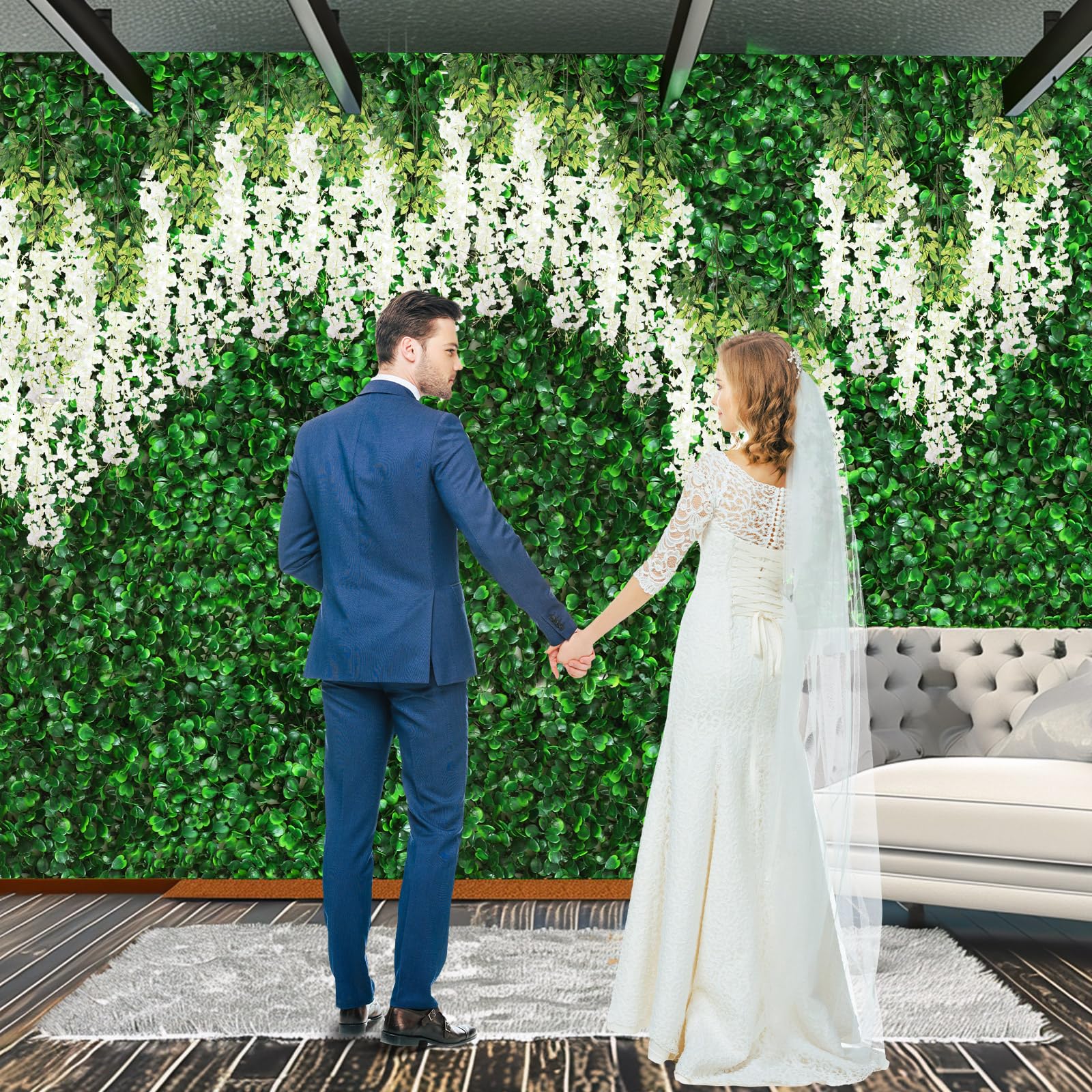 18 Stück 40,6 x 61 cm Graswandpaneele künstliche Hecke Buchsbaumplatten mit 36 Stück 100 cm weißen Glyzinien hängende Blumengirlande für drinnen und draußen, Grünhintergrund, Zaun,