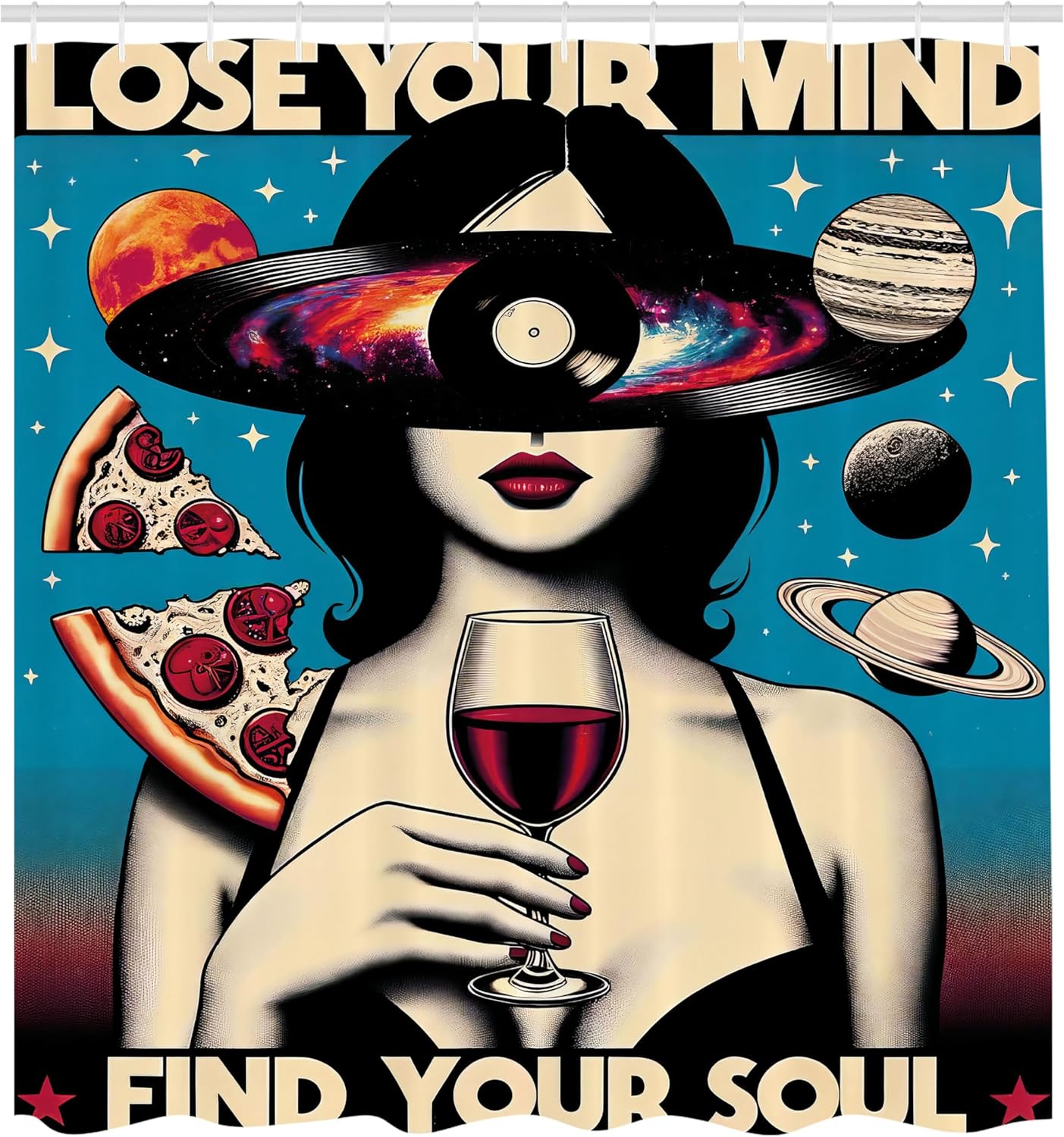 Ambesonne Vintage Shower Curtain, Galaxy Themed Retrospective Lose Your Mind Lettering Woman Vine Mars, Cloth Fabric Bathroom Decor Set with Hooks, 69" W x 84" L, Eggshell Black Multicolor