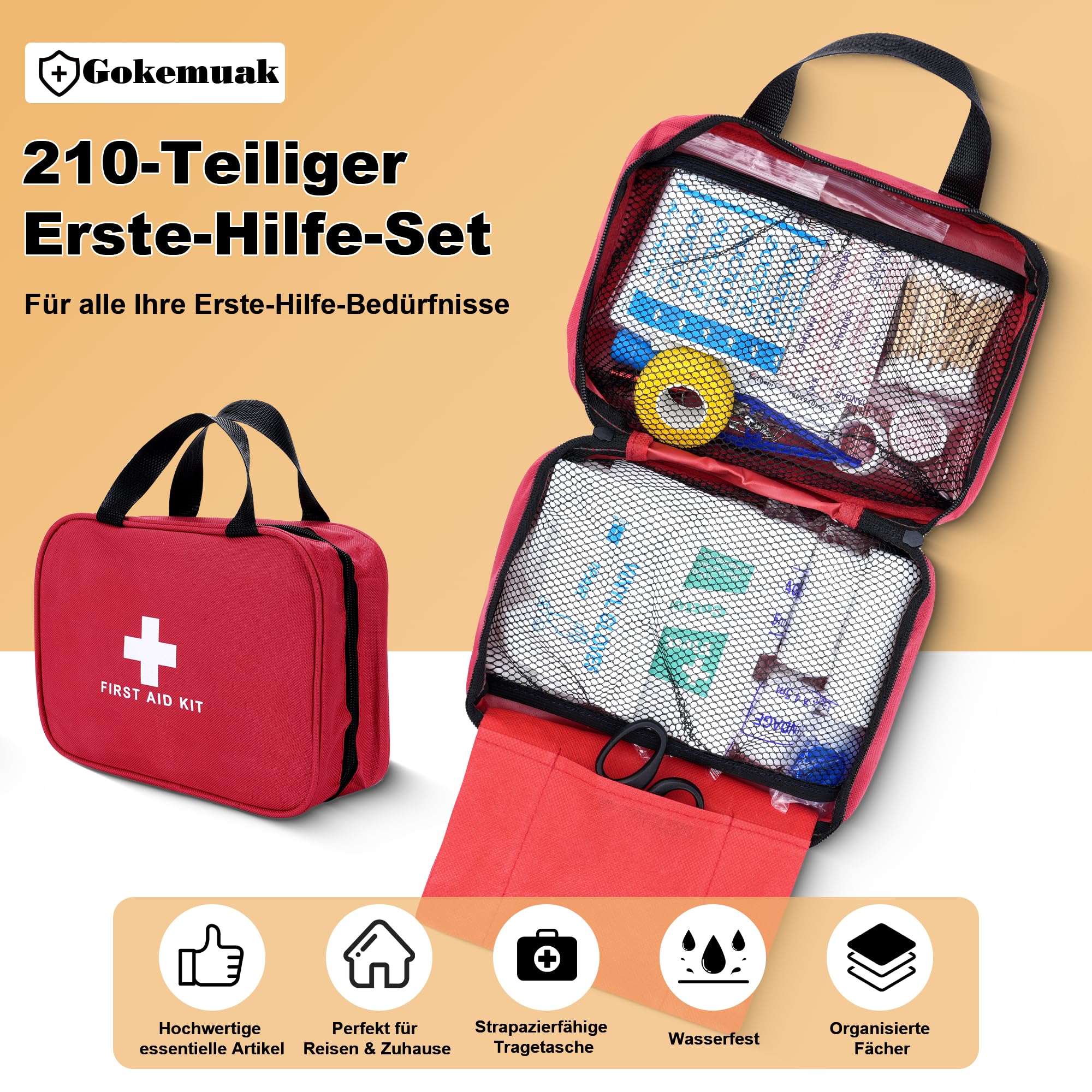 Trousse de Secours 210 Pièces, Trousse à Pharmacie Maison, Boite Pharmacie pour Voyage Maison Véhicule Bureau Lieu de Travail Randonnée et Survie Extérieur (Rouge, 25x18x8cm)