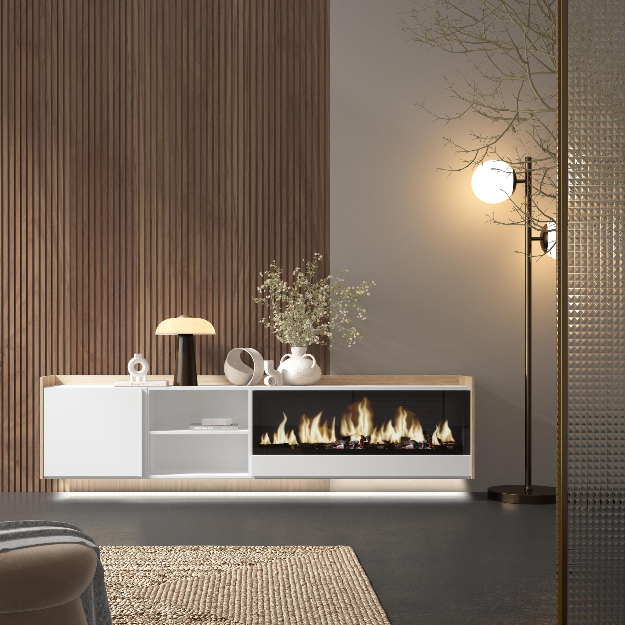 Skraut Home | Mobile TV Soggiorno | Ampio spazio a disposizione | 212x50x35 cm | Per TV fino a 80" | Camino elettrico XXL | Sospeso, da appendere | LED | Stile moderno | Bianco e Rovere soft