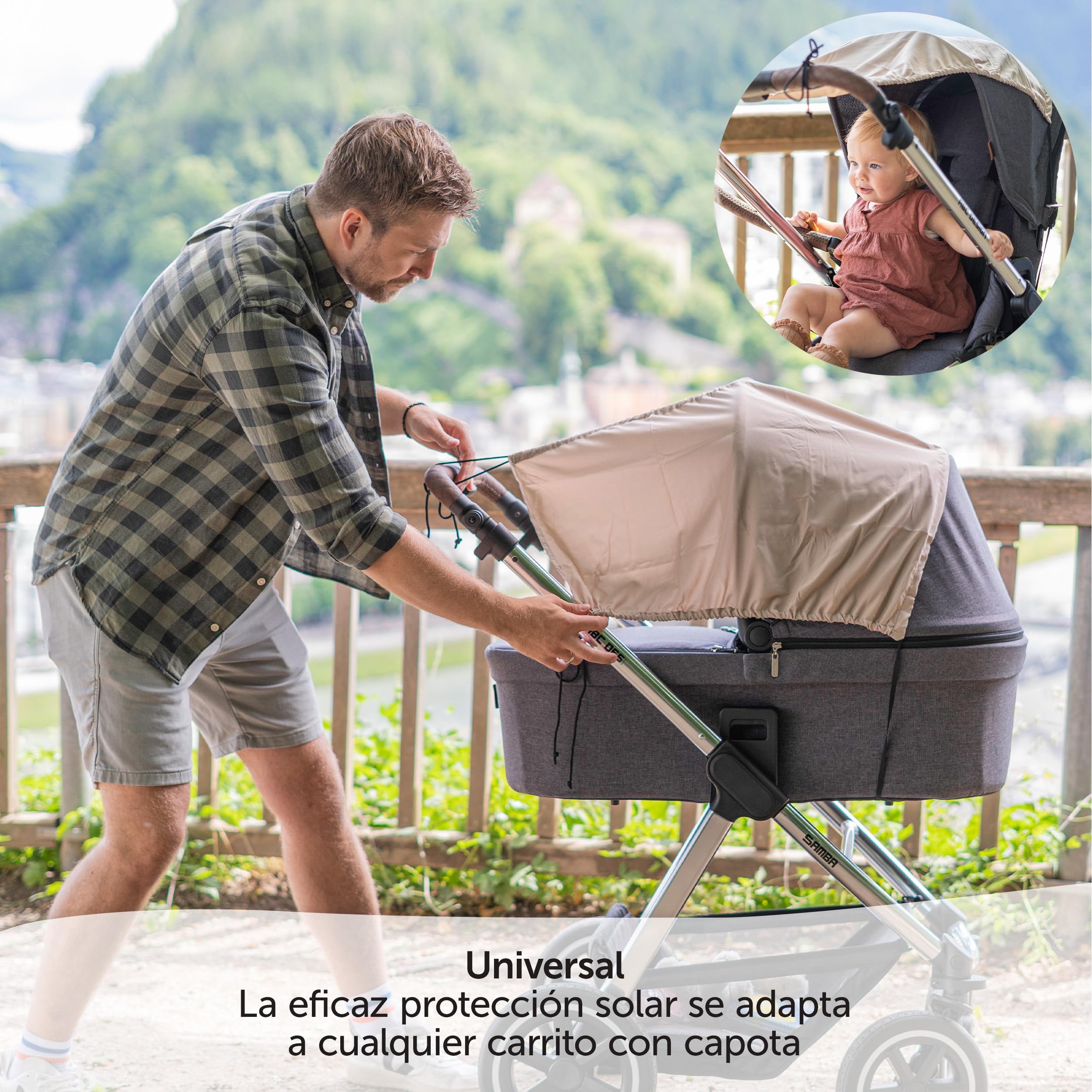Zamboo Parasol Carrito Bebé Universal con Protección UV 50+ para Silla de Paseo y Capazo - Toldo con Filtro Solar con Recubrimiento Regulable - Capota Protectora - Beige