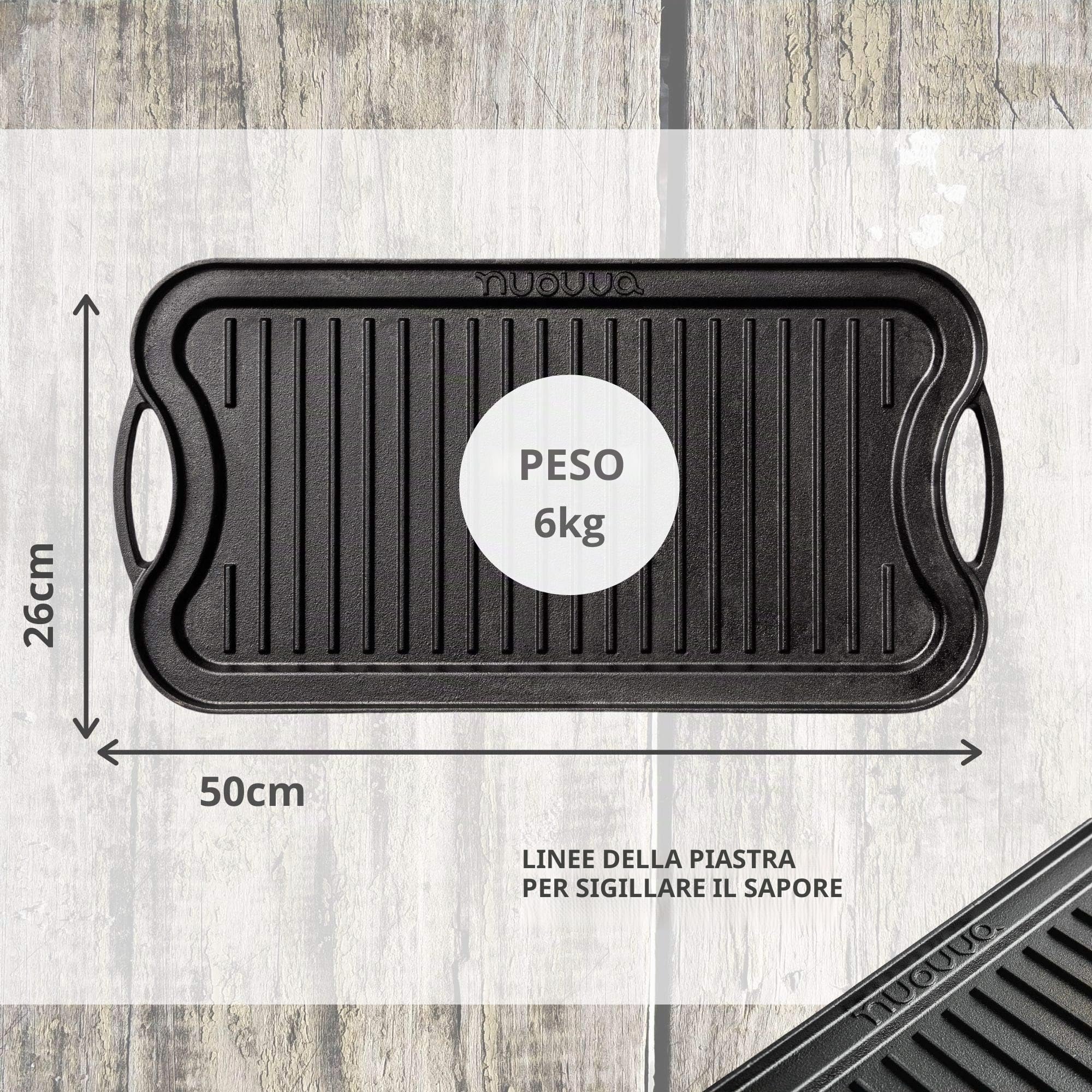 Piastra in ghisa per piano cottura a gas e grigliate su due lati, pre-stagionata, per una cucina sana e deliziosa, superficie piatta e scanalata, 50 x 25 cm