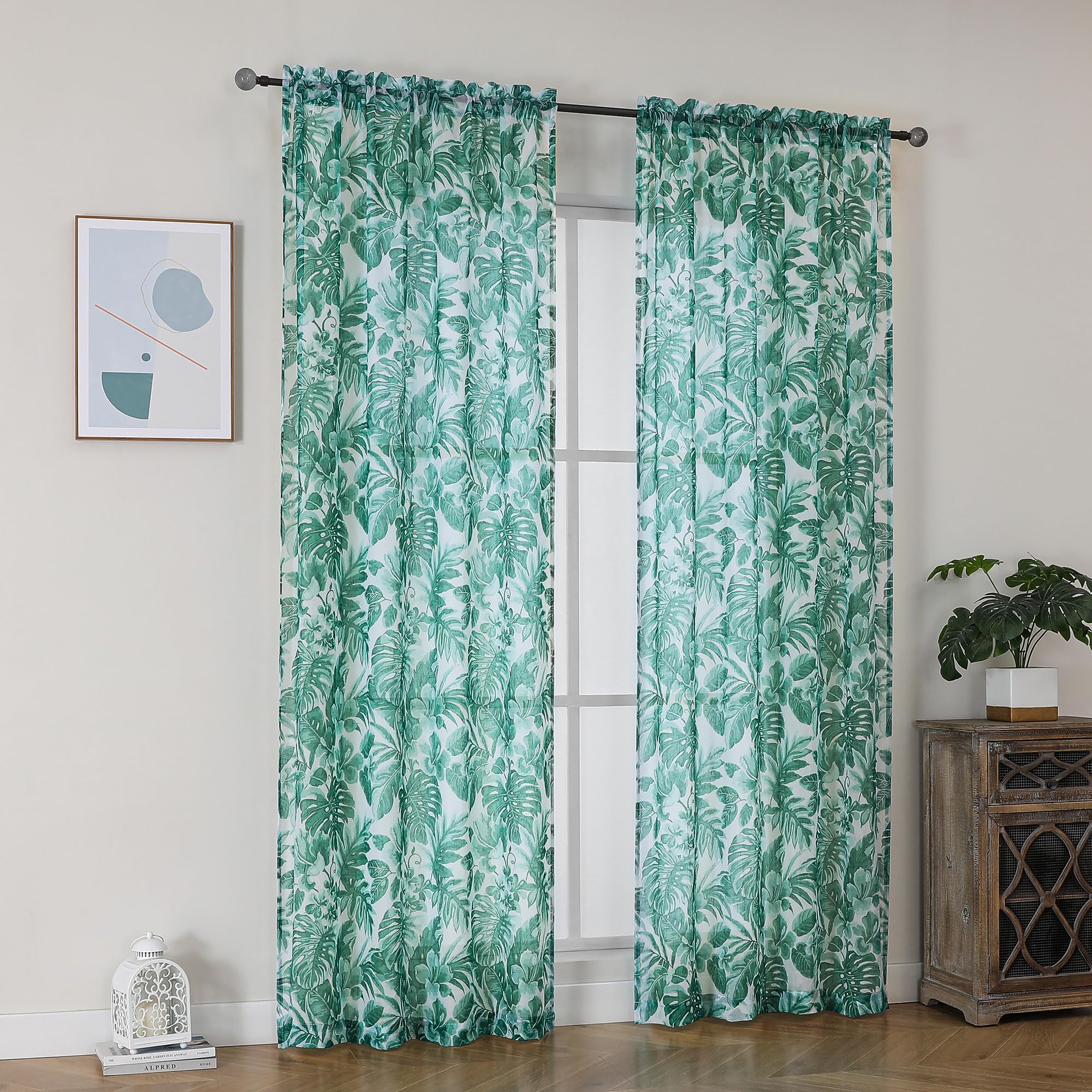 OWENIE Floral Sheer Curtains with Leaf Pattern 84 Inches Long 2 Panels Set for Living Room Bedroom, Sheer Floral Curtains Printing Leaves Design Rod Pocket Light Filtering Farmhouse Curtains, 42 W 84L