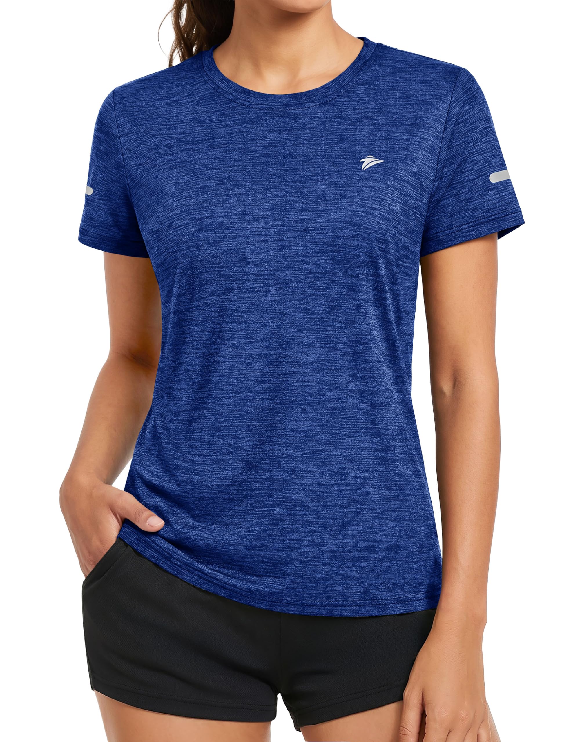 KEFITEVD Melange Sportshirt Damen Kurzarm mit Reflexstreifen Atmungsaktiv Stretch Funktionsshirt Rundhals Leicht Tshirt Schnelltrocknend Laufshirt Regular Fit