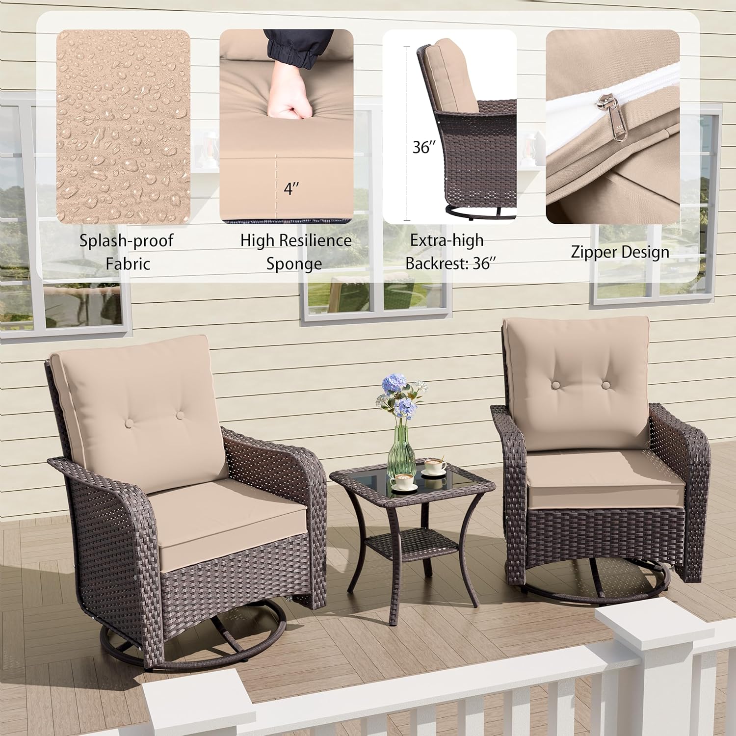 ALAULM 7-Piece Patio Furniture Set with 40,000 BTU Round Fire Pit Table, Outdoor Swivel Rocking Chairs Set, Wicker Patio Chairs with Side Table for Poolside, Deck, Backyard, and Garden—Sand