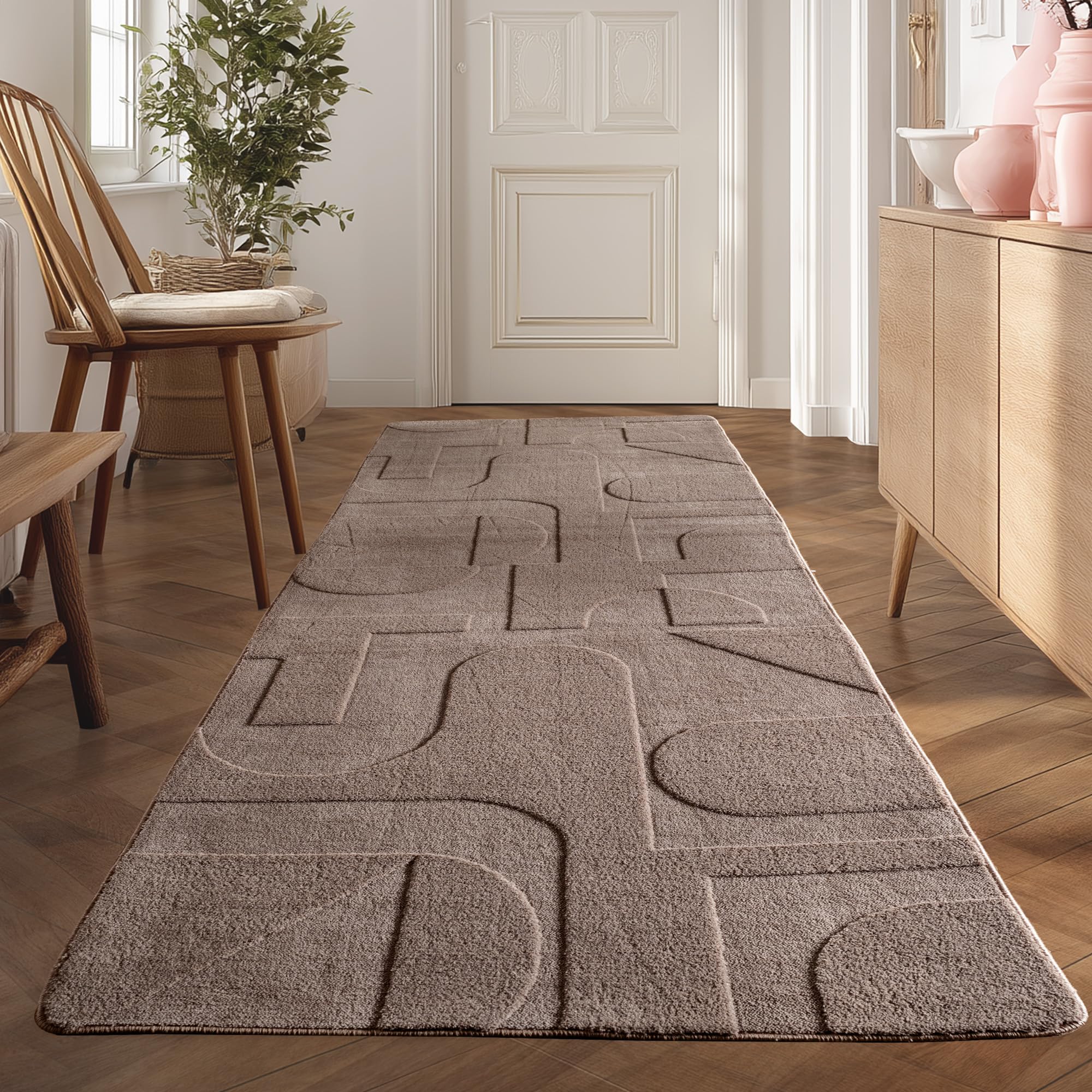 Teppium Boho Teppich Läufer 80 x 250 cm Beige – Weicher Skandinavischer Flurteppich mit 3D-Effekt – Waschbar & Pflegeleicht – Ideal für Küche, Eingangsbereich oder Bettseite