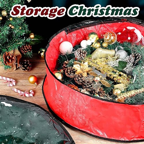 Miniatura 7 de Dunzy 8 bolsas de almacenamiento para coronas de Navidad, contenedor de guirnalda para coronas, de tela resistente a desgarros, cajas redondas con