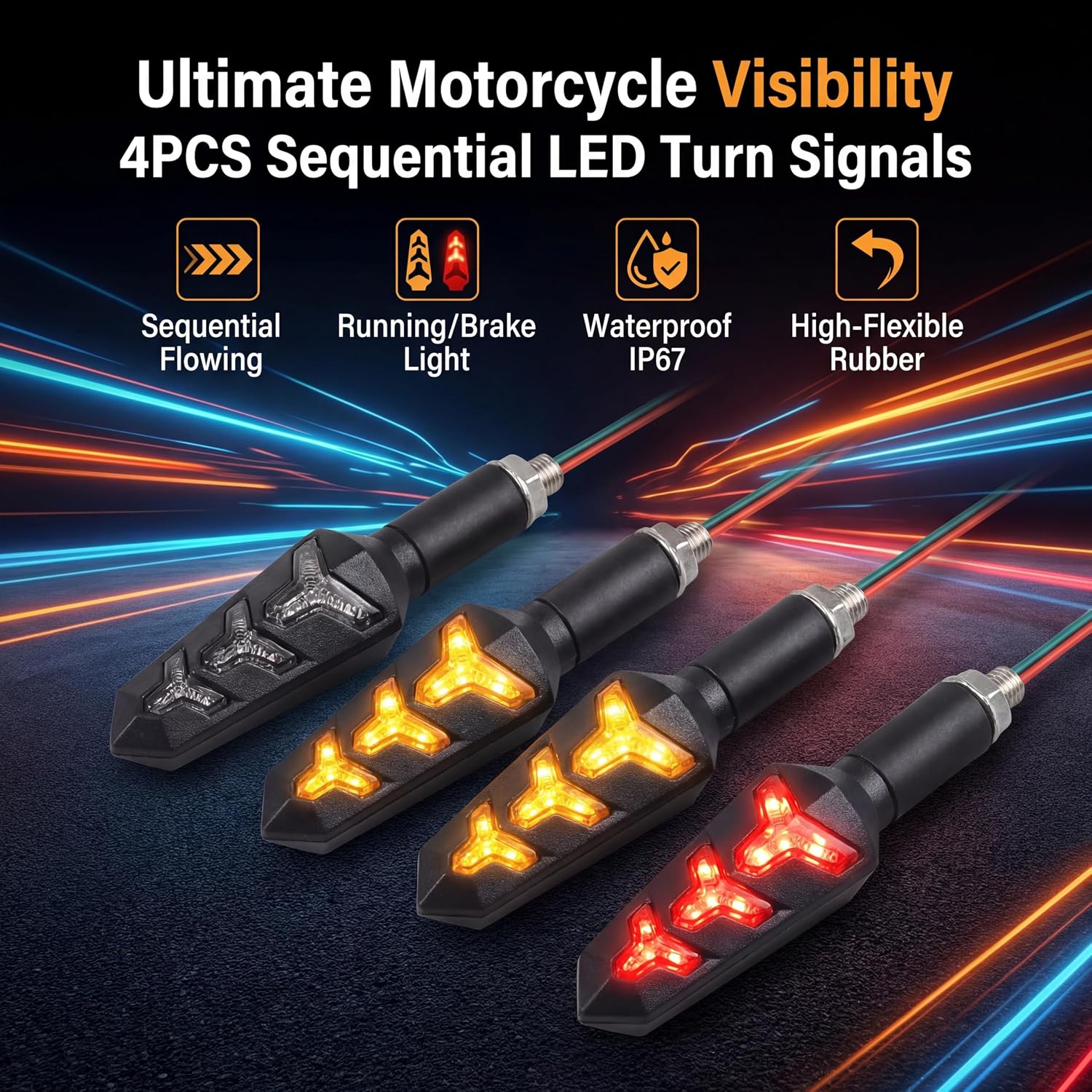 4PCS 12V LED Flowing Motorcycle Turn Signals