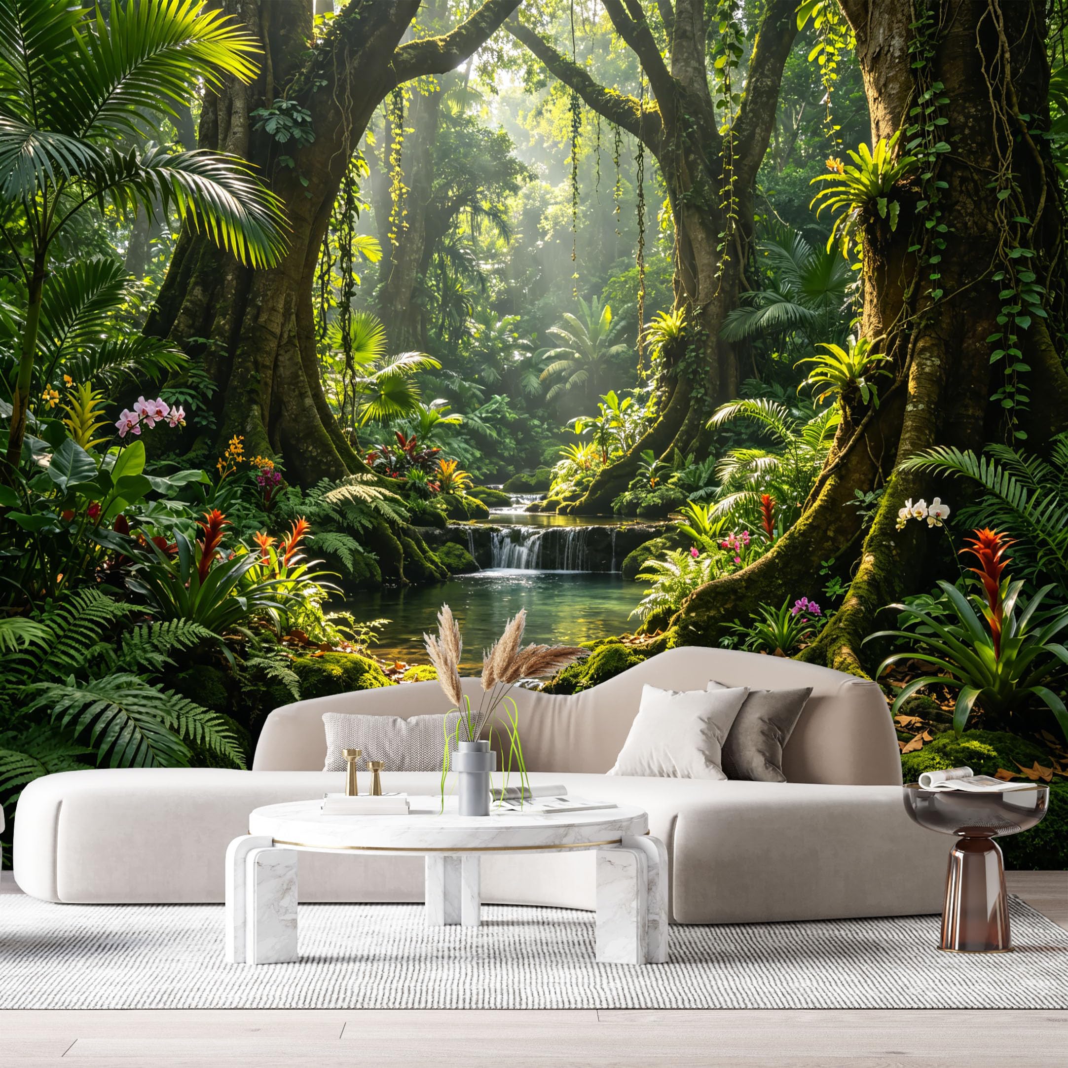 Custom Size Wall Murals Tropical Jungle Rainforest Botanical Stream Waterfall SelfAdhesive Wall Fabric Removable Large Wallpaper for Photo Living Room