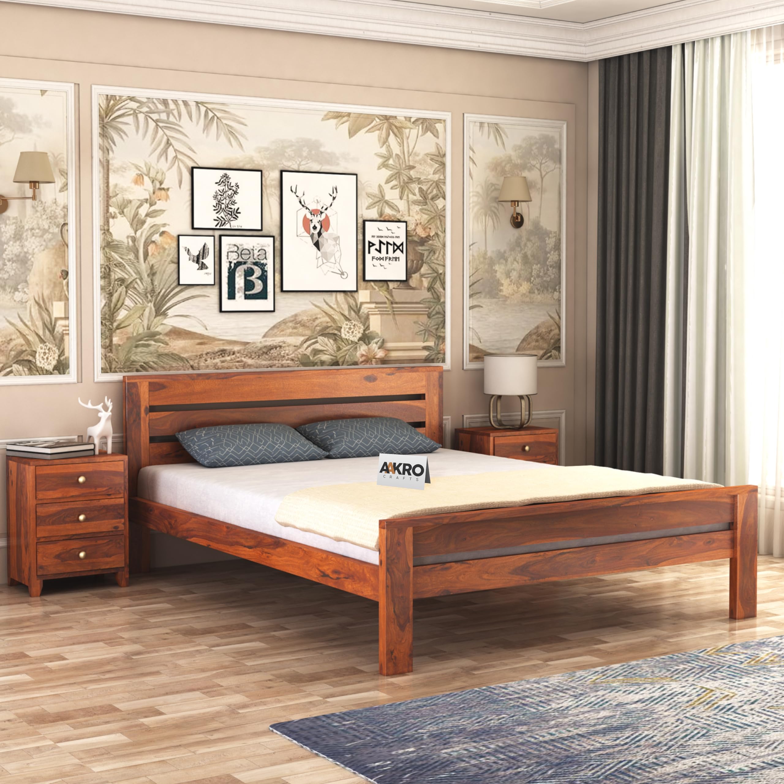 AAKROCRAFTS Sheesham Wood King Size Bed Without Storage Solid Wood Double Bed Wooden Cot Palang Furniture for Bedroom Living Room (Honey Finish) - 1 Year Warranty-image-41