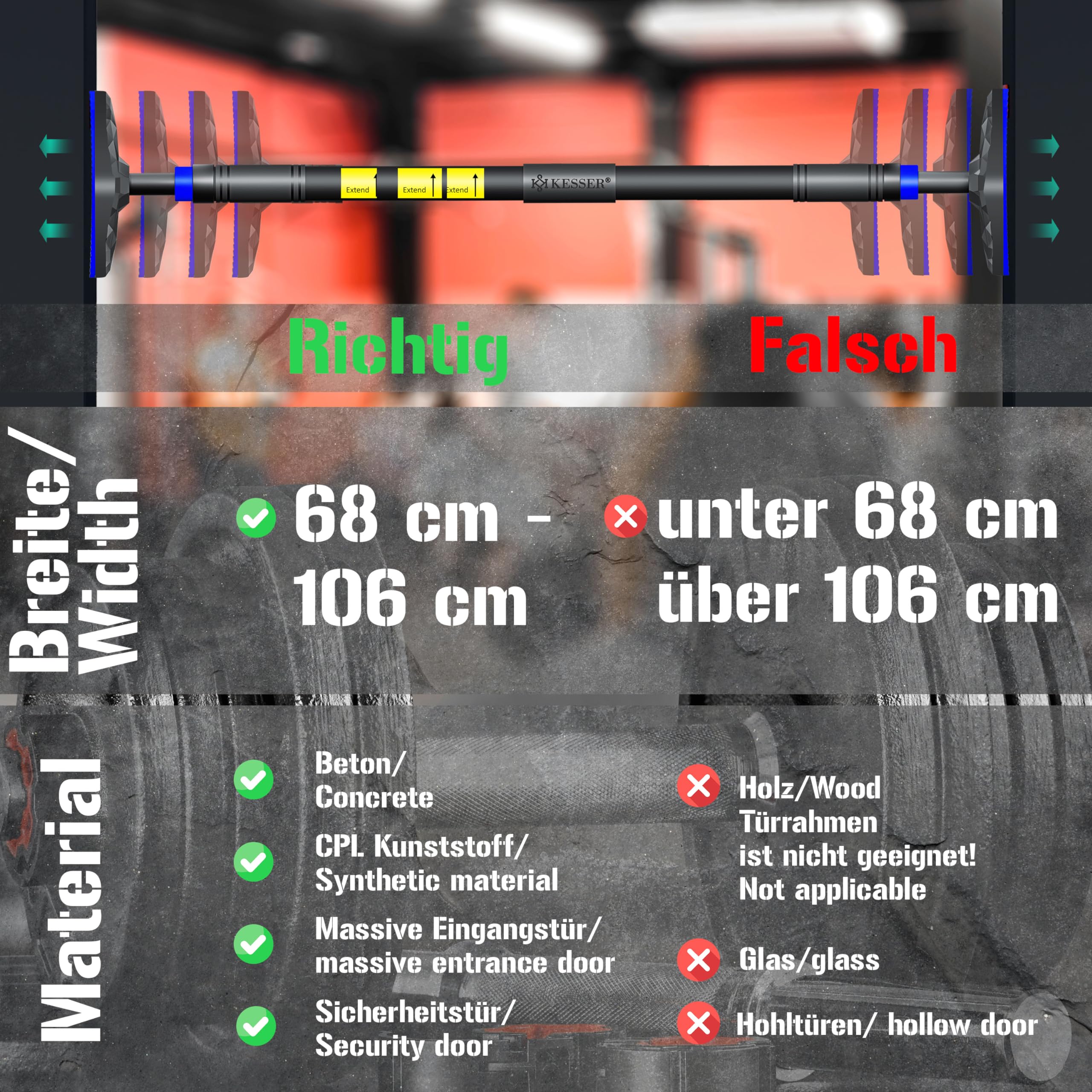 KESSER® Barra de dominadas Regulable en el marco de la Puerta, sin tornillos/taladros, extensible 68-106 cm, hasta 300 kg, asas Antideslizantes, incl. Bandas de Resistencia