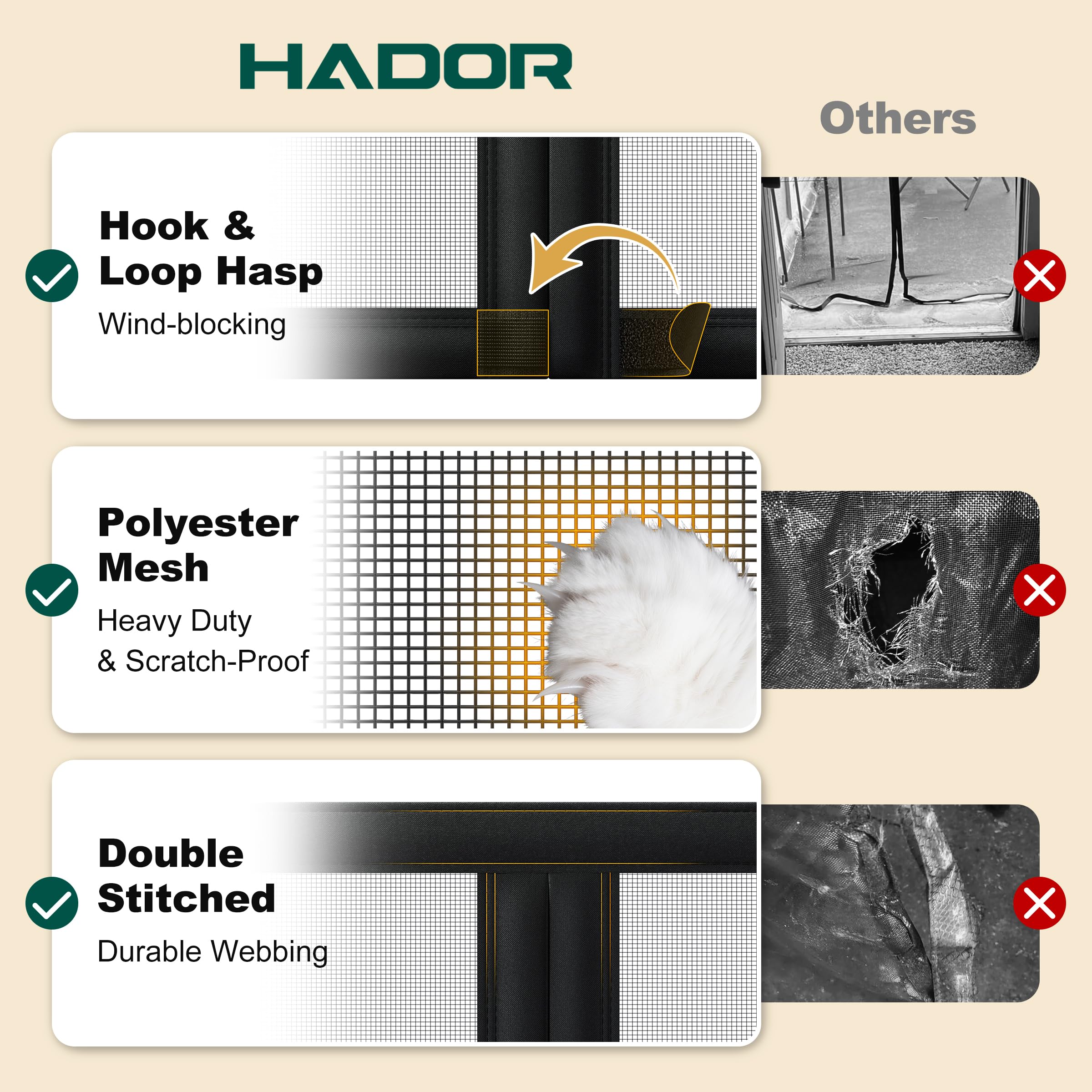 HADOR Schermo magnetico adatto per porte di dimensioni 152,4 x 203,2 cm, dimensioni maglia 157,5 x 205,7 cm, porta a doppio schermo con magneti in fibra di vetro tenda a telaio completo gancio e