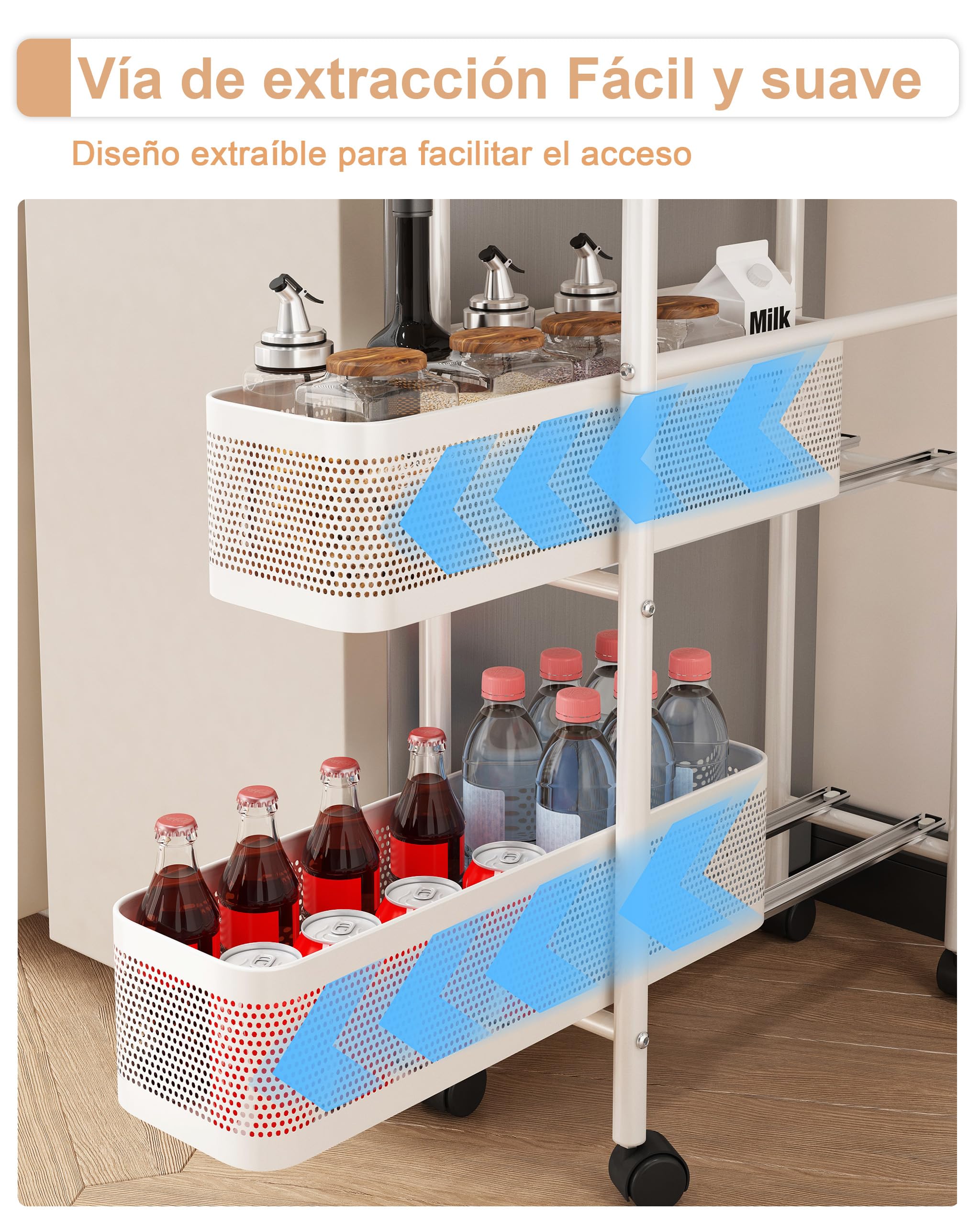 UMDONX Carrito auxiliar con ruedas con cajones extraíbles, Carro de servicio de 5 niveles, Carrito Cocina Ahorra Espacio Estanteria Estrecha Carrito Cocina para cocina, baño, dormitorio, salón(Blanco)