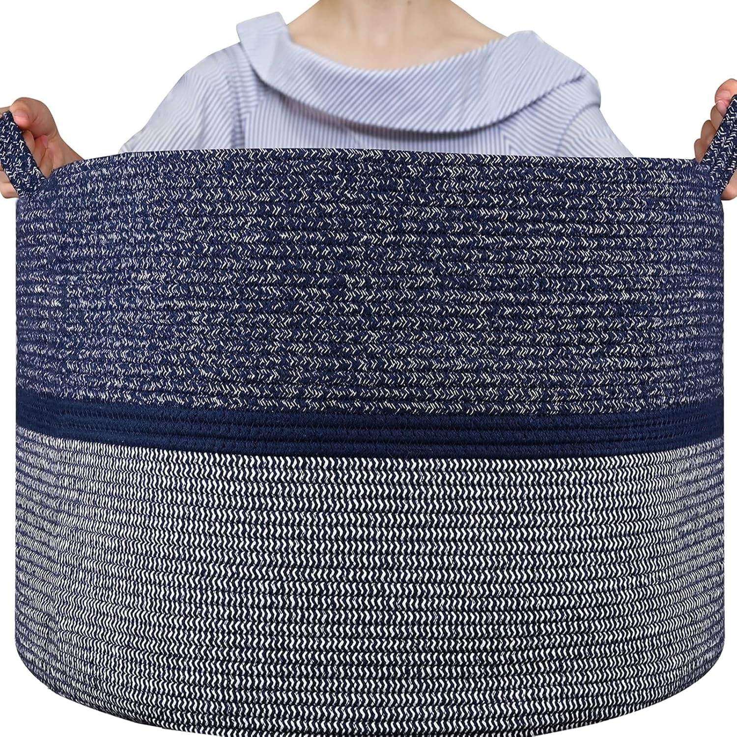 Extra Large Blanket Basket, Handmade Brown Cotton Rope Storage Basket with Handles, Tall Laundry Hamper, Decorative Organizer Bin for Nursery Gifts, Towel Storage Bin for Bathroom 22'' x 22''x 14''