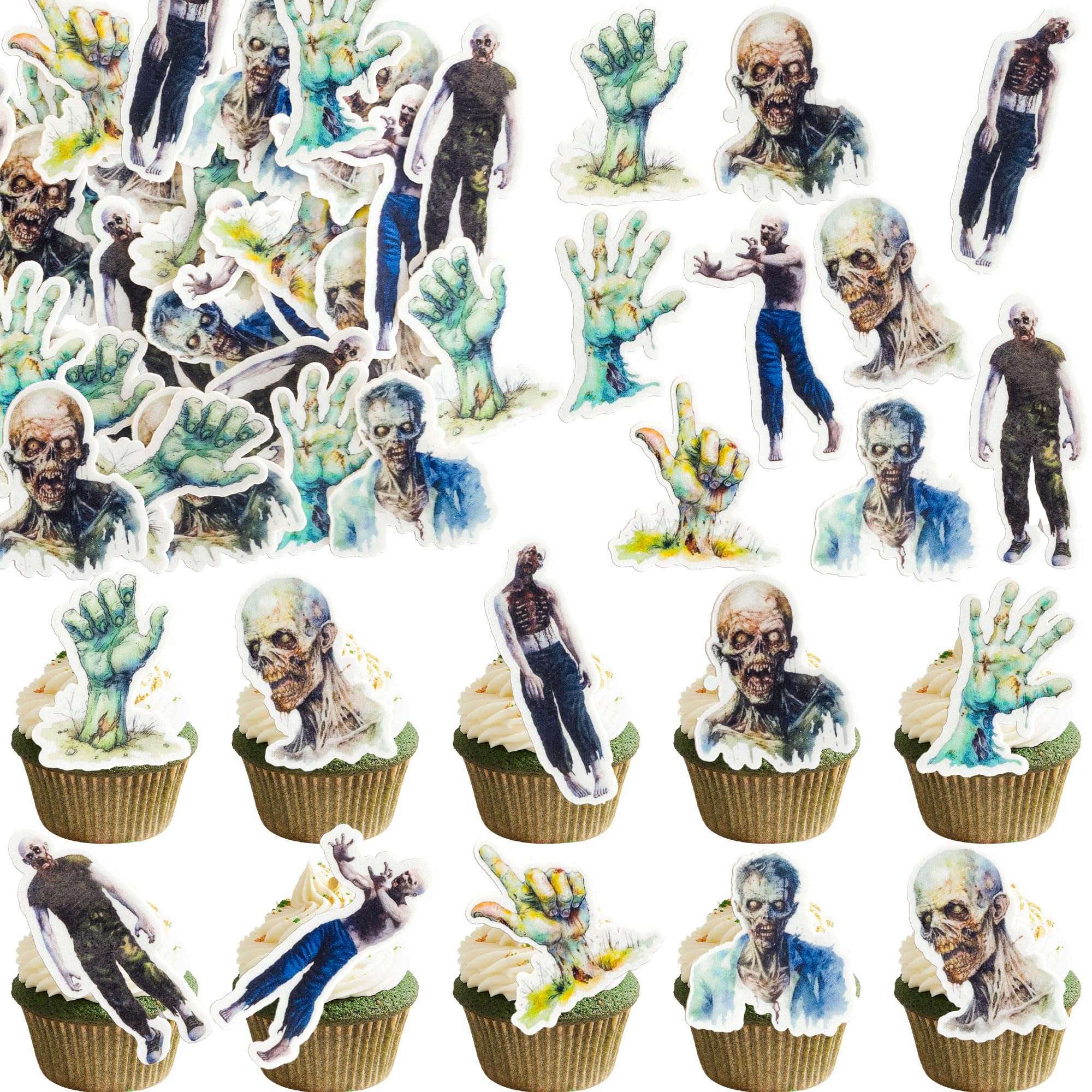 Gyufise 56Pcs Edible Halloween Zombie Hands Cupcake Toppers Zombie Hands Party Decorations Skeleton Hands Cupcake Decorations for Birthday Halloween Party Cake Decorations Green — image 1