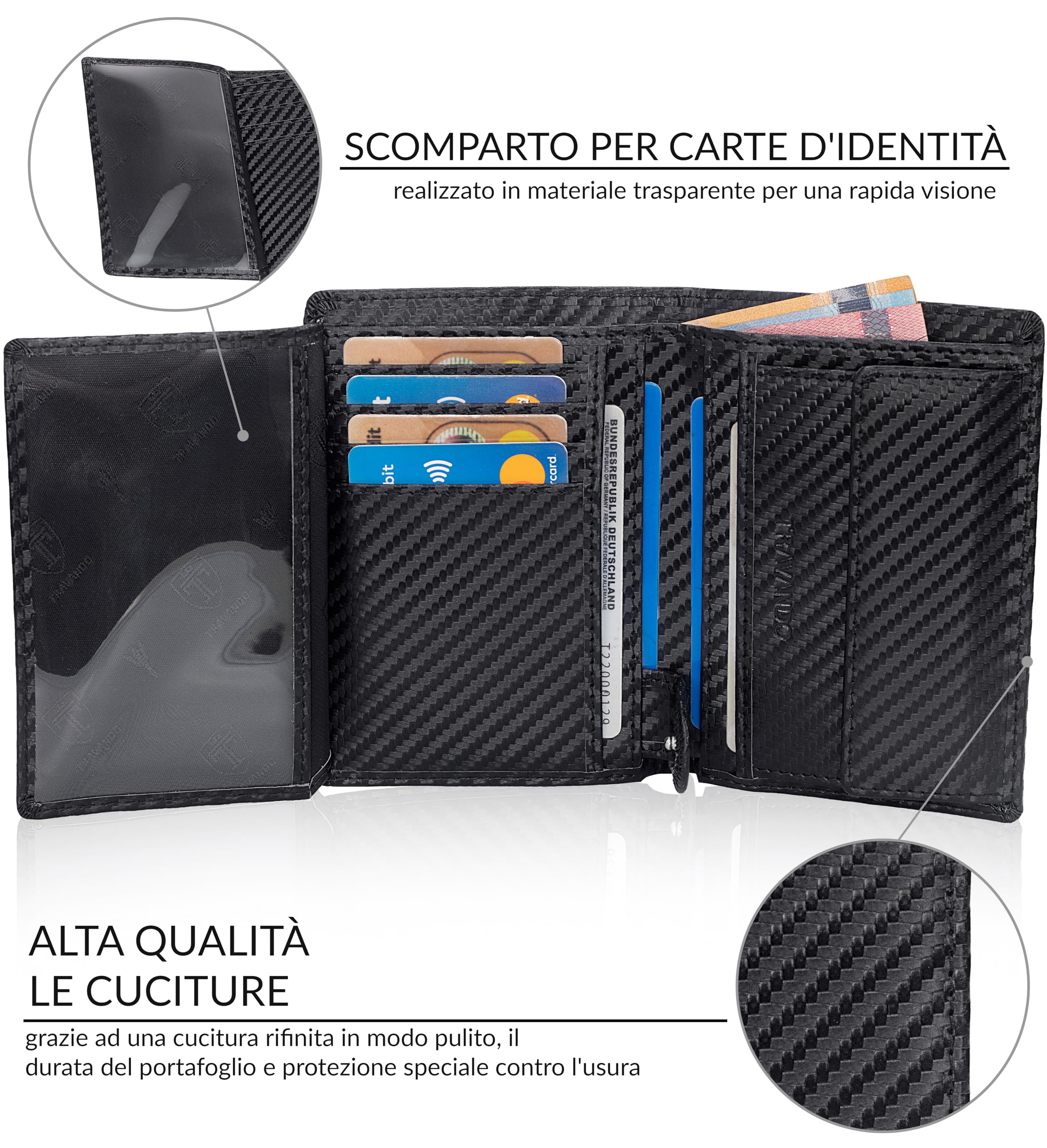 TRAVANDO Portafoglio Uomo Roma con protezione RFID - Porta Carte di Credito con Portamonete in formato Verticale (Carbon)