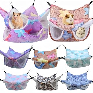2Pcs Guinea Pig Hanging Hammock, Double Layer Flannel Warm Sleep Bed, Small Pet Cage Nest Sleeping Pouch for Squirrel Hamster Rat Chinchilla Parrot Sugar Glider Ferret-Starfish,Purple&Brown