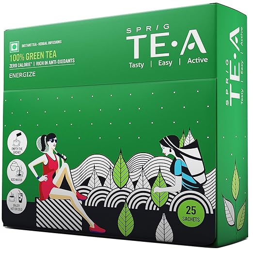 SPRIG TE.A 100% Green Tea | Fully Soluble Green Tea | Energize with Fresh, Tender Tea Leaf Powder | Rich in antioxidants |( Pack of 25 x 0.5g each ) Net Weight :12.5g