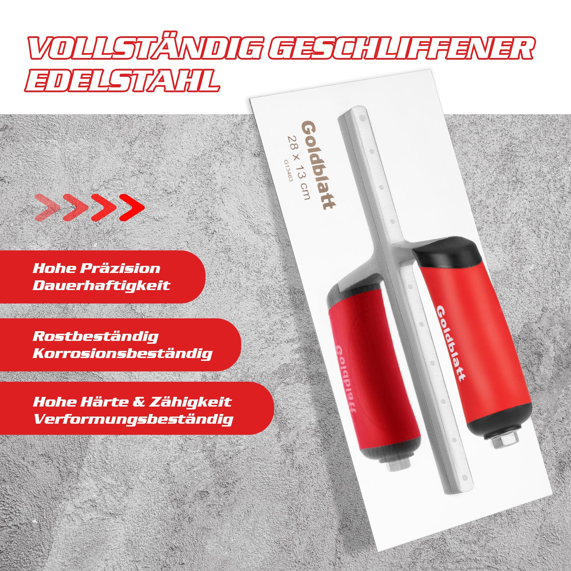 Goldblatt Glättekelle Edelstahl Kelle: Rostfreier Spachtel für Trockenbau und Finish, Robuste Nietenkonstruktion, Ergonomischer Griff, Flache Klinge, Ideal für Zement, Mörtel und Putze 280 x 130 mm