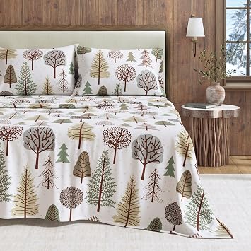 Great Bay Home Flannel Sheet Set Twin Size - 100% Turkish Cotton, Double-Brushed, Lodge-Printed Bed Sheets - Ultra-Soft, Cozy, 3-Piece Bedding Set Snowy Forest
