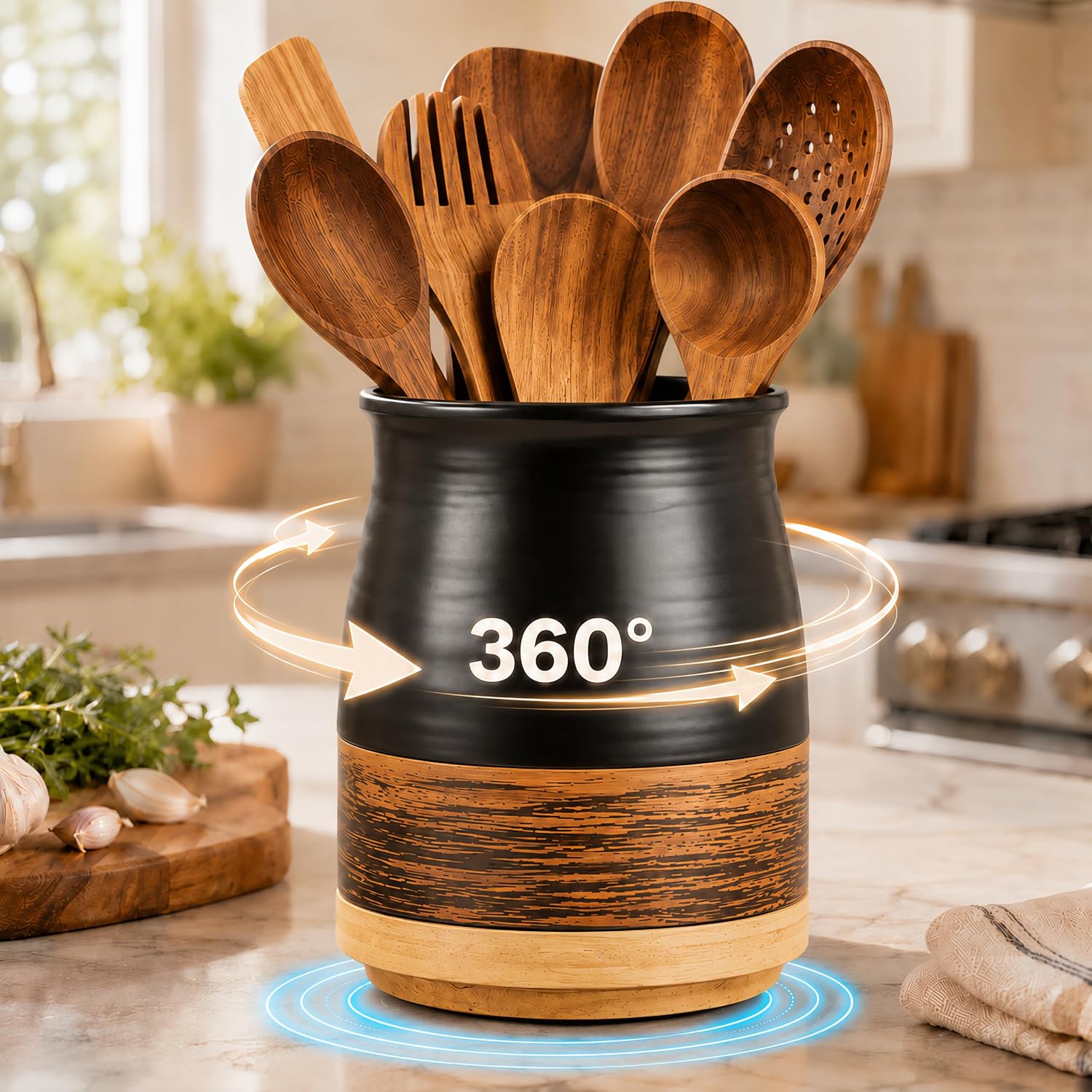 Rotating Ceramic Utensil Holder for kitchen, 8.2 Inch Large Utensil Crock