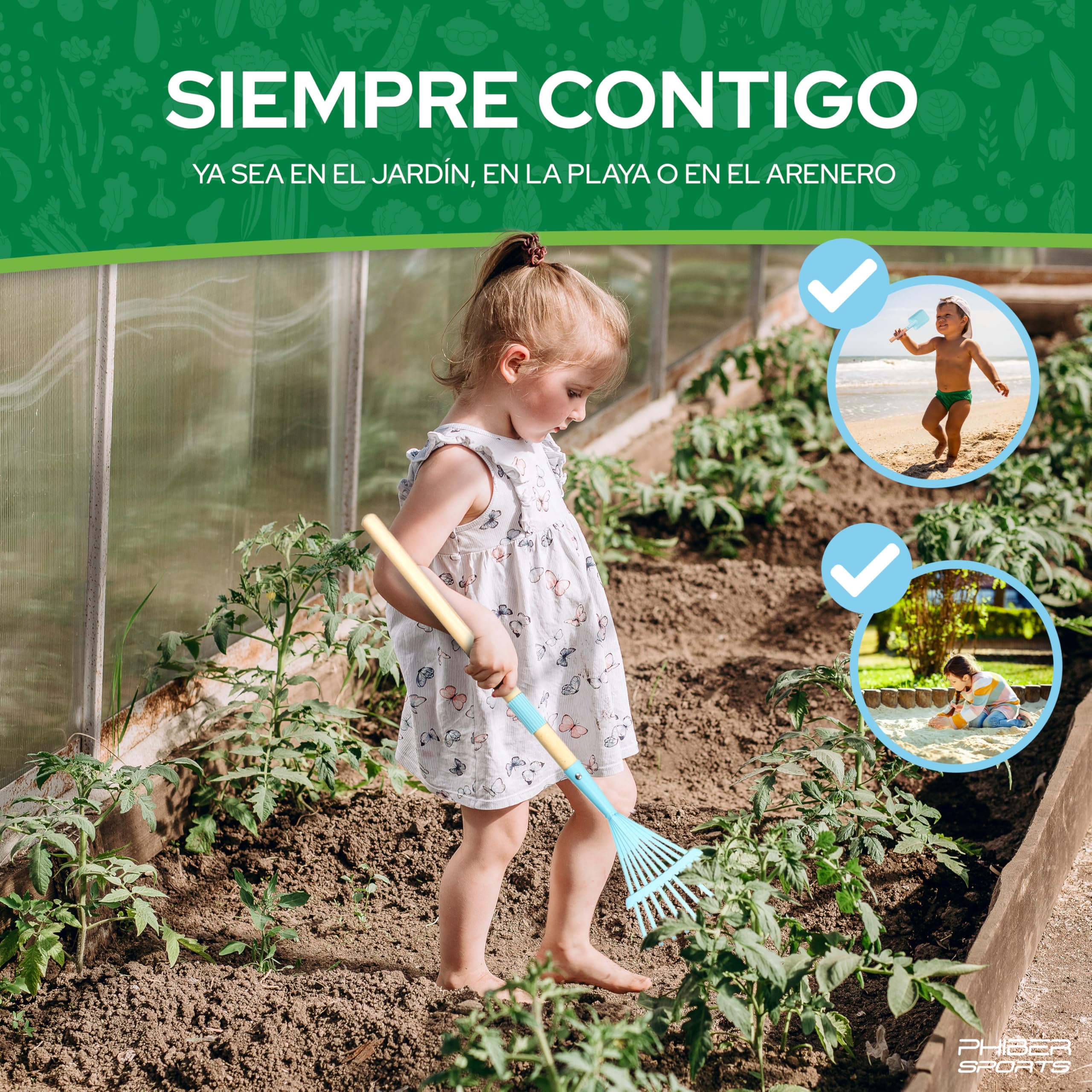 Carretilla infantil PHIBER-SPORTS con herramienta de jardín metálica: pala, escoba, rastrillo y rastrillo de hojas