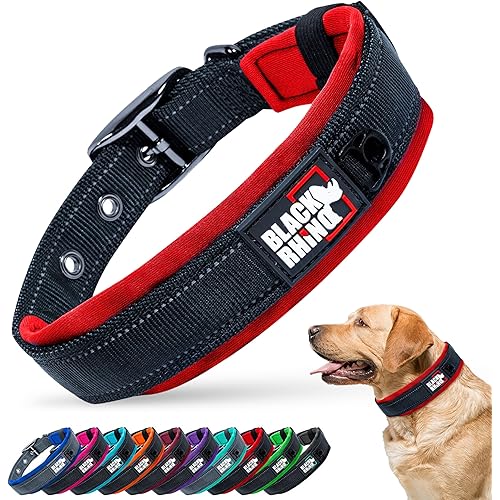 Black Rhino Large Dog Collar - Heavy Duty Adjustable Tactical Dog Collar with Reflective Stitching - 19"-23" Ultra-Soft Neoprene Padded and Weatherproof - Comfortable for Active Dogs - Red and Black
