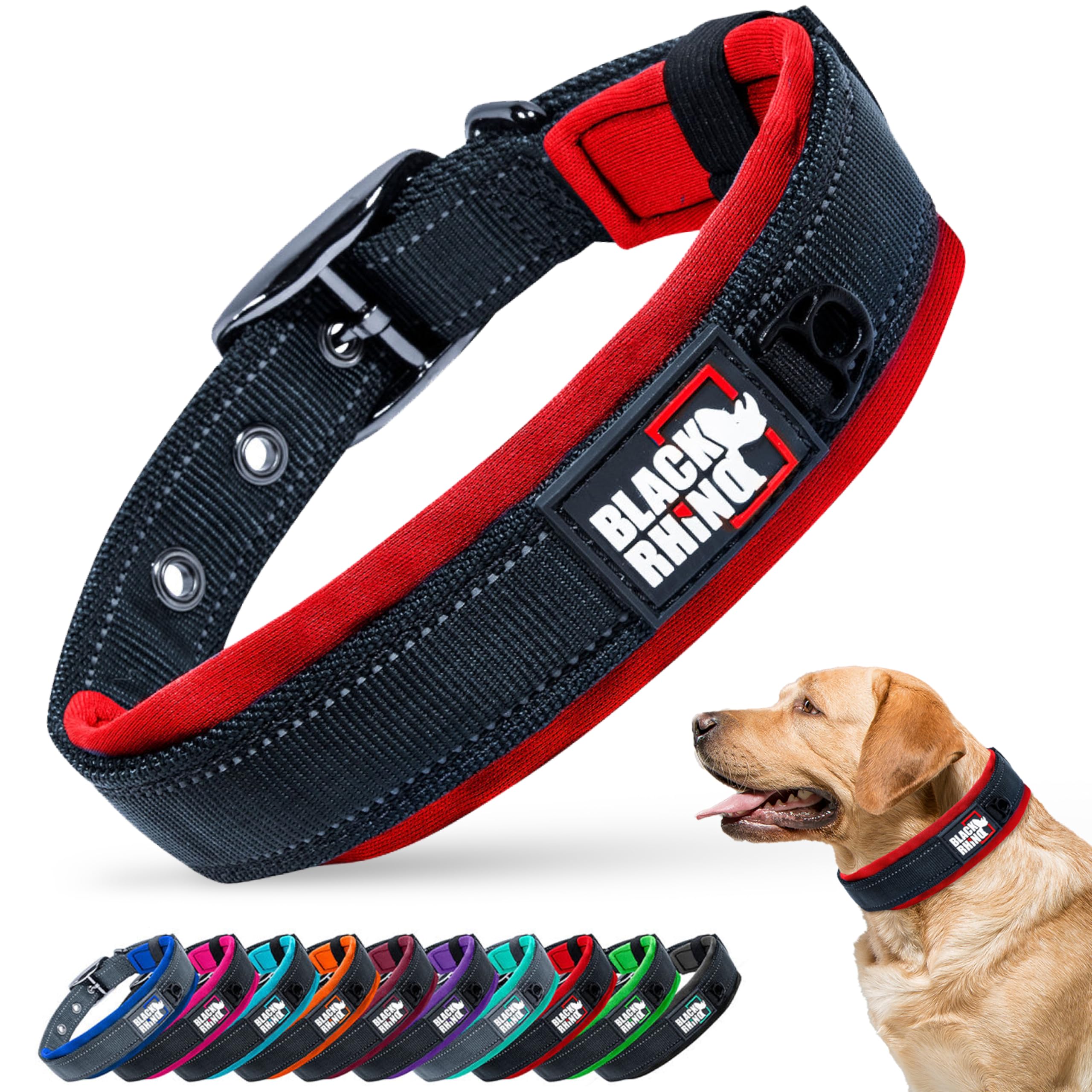 Black Rhino Large Dog Collar - Heavy Duty Adjustable Tactical Dog Collar with Reflective Stitching - 19"-23" Ultra-Soft Neoprene Padded and