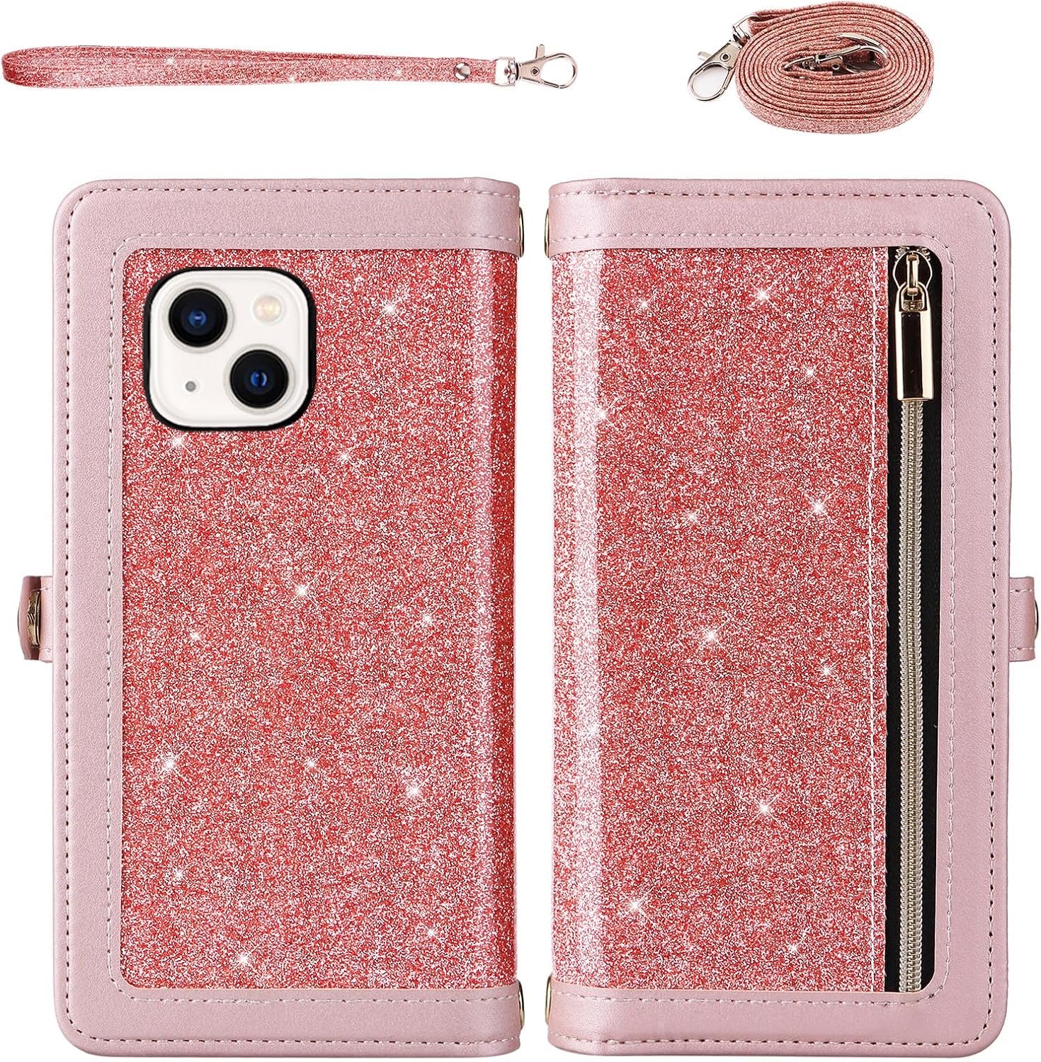 Asuwish Phone Case for iPhone 13 6.1 inch Zipper Wallet Detachable Cell Cover with Screen Protector Strap Bling Glitter Flip Card Holder iPhone13 5G i i-Phone i13 iPhone13case Women Men Girls Pink