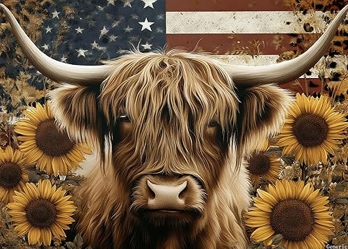 1000 Pieces Wooden Puzzles for Adults, Highland Cow with Sunflowers American Flag, Vintage Patriotic Art, Brain Training Game, Farmhouse Decor,