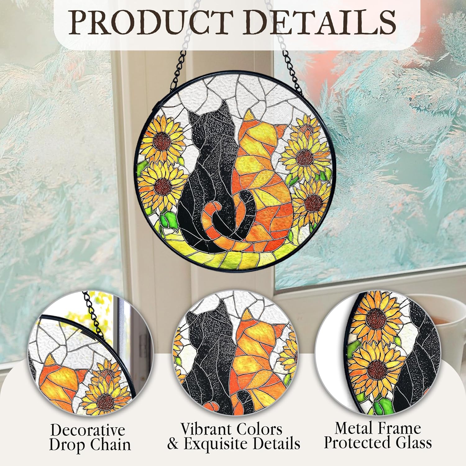 kdqua Cat Sunflower Suncatcher Stained Glass Window Hanging, Black Orange Cats Sunflower Sun Catchers Indoor Window Glass Round Wall Decor, Cat Floral Wall Art Hanging Decorations Statues, 7.9x7.9in - Image 7