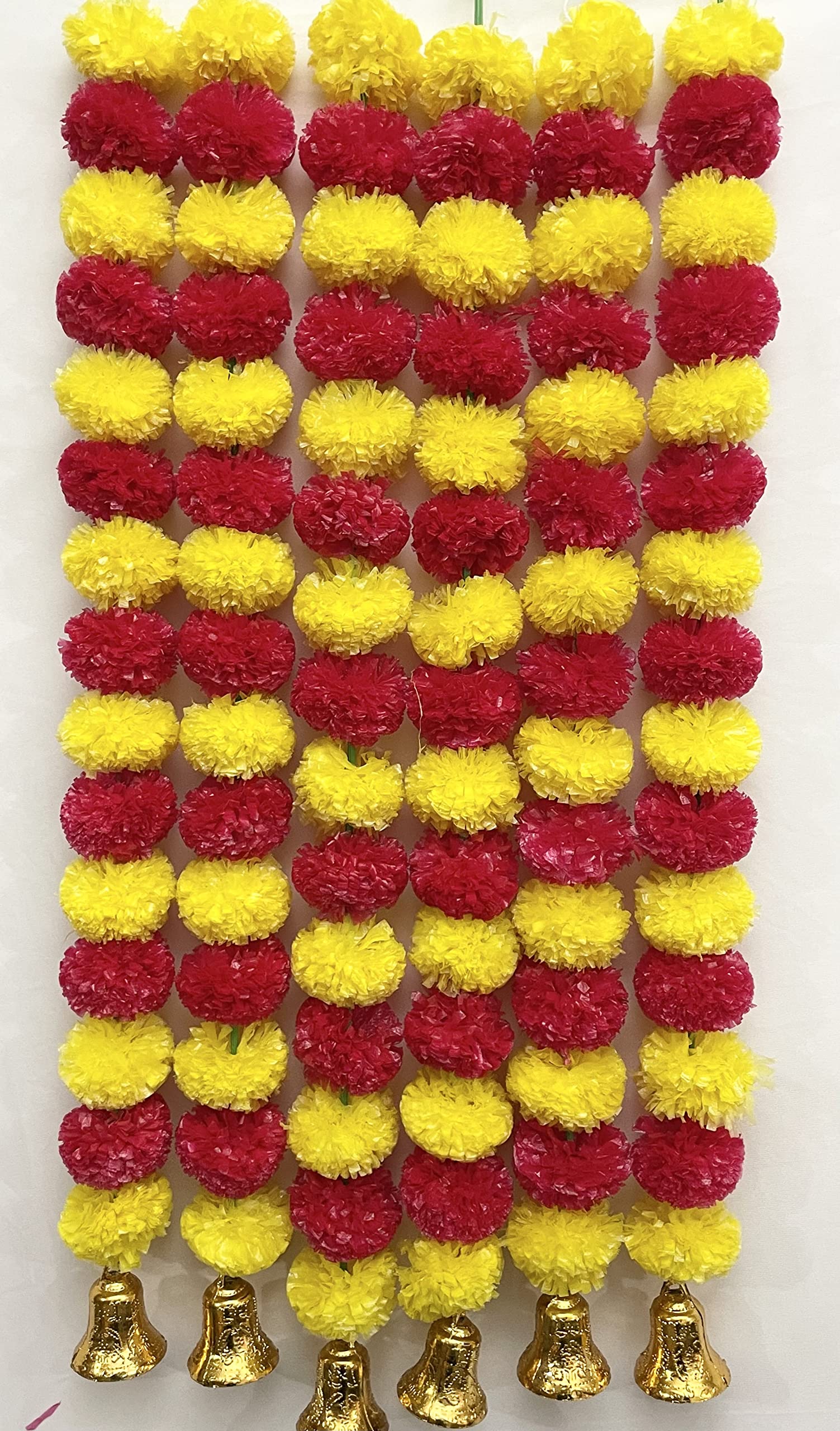 SPHINX Artificial Marigold Fluffy Flowers and Golden/Silver Hanging Bells Short Garlands/Torans/Wall hangings for Decoration Approx 2.5 ft- 15 Flowers per String- (Yellow & Red, 6)