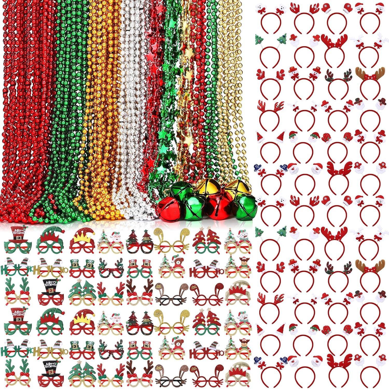 120 Pcs Christmas Party Favors Bulk Christmas Bead Star Necklaces Jingle Bell Necklaces Santa Xmas Tree Snowman Elk Headbands Glitter Glasses Frame for Xmas Costume (Classic)