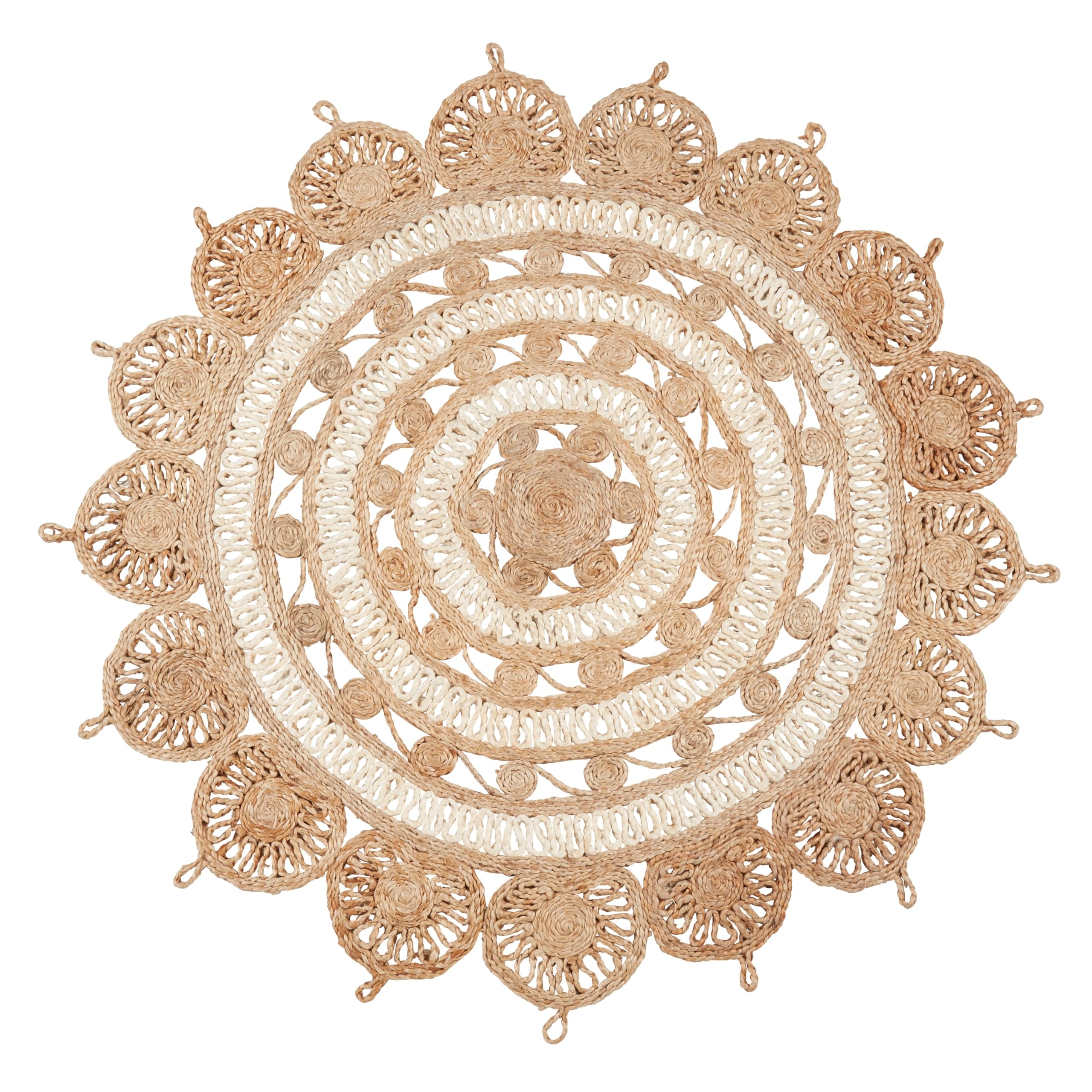 Handmade Jute Woven Floor Rug 48" Beige Geometric Bohemian Eclectic Round Latex Free