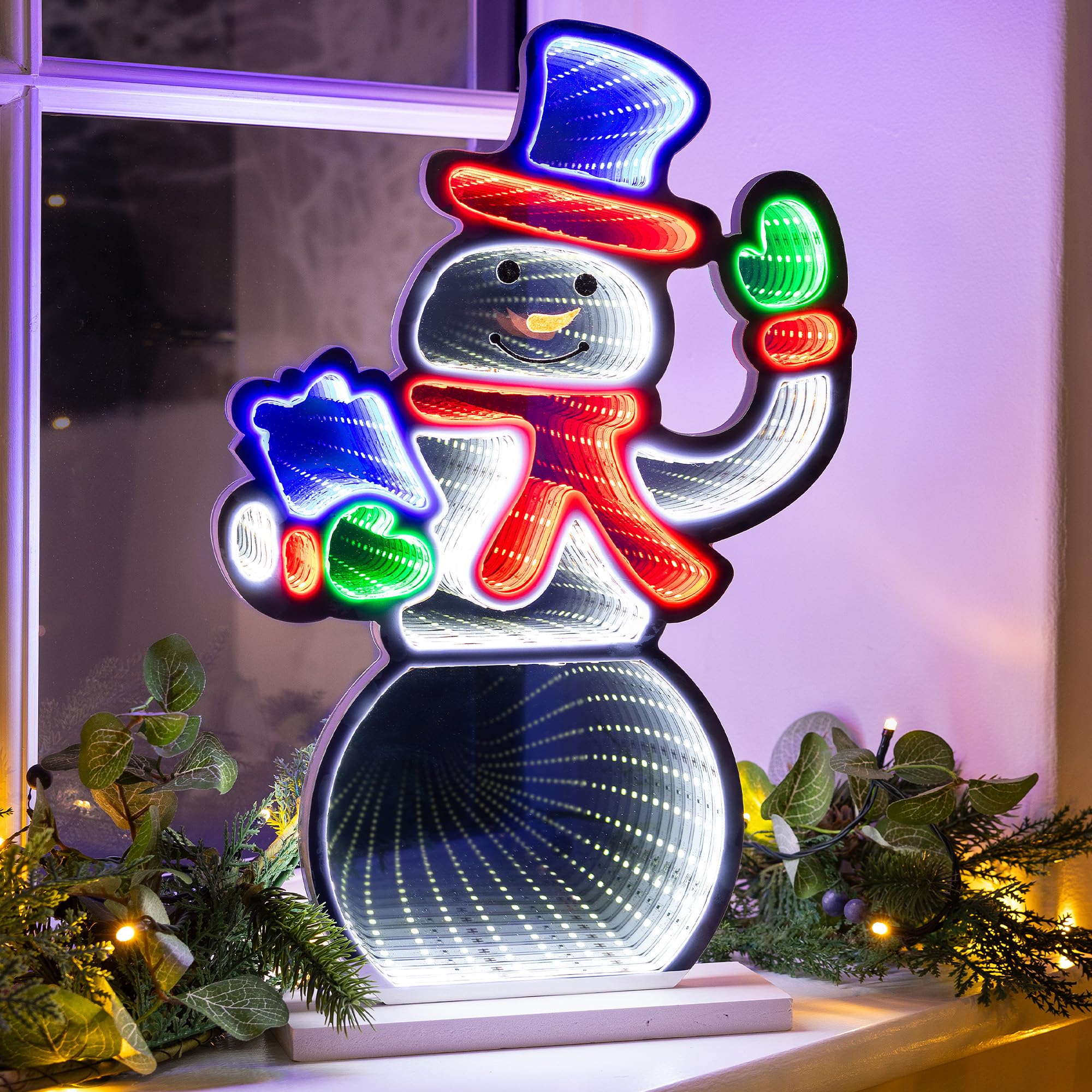 Christow Snowman Christmas Infinity Light, Led Mirror Tunnel 3D Effect Decoration With Wooden Base, Indoor Home Lighting, Windowsill Mantelpiece Table Lamp, Mains Operated (H40cm X W26cm X D2cm)