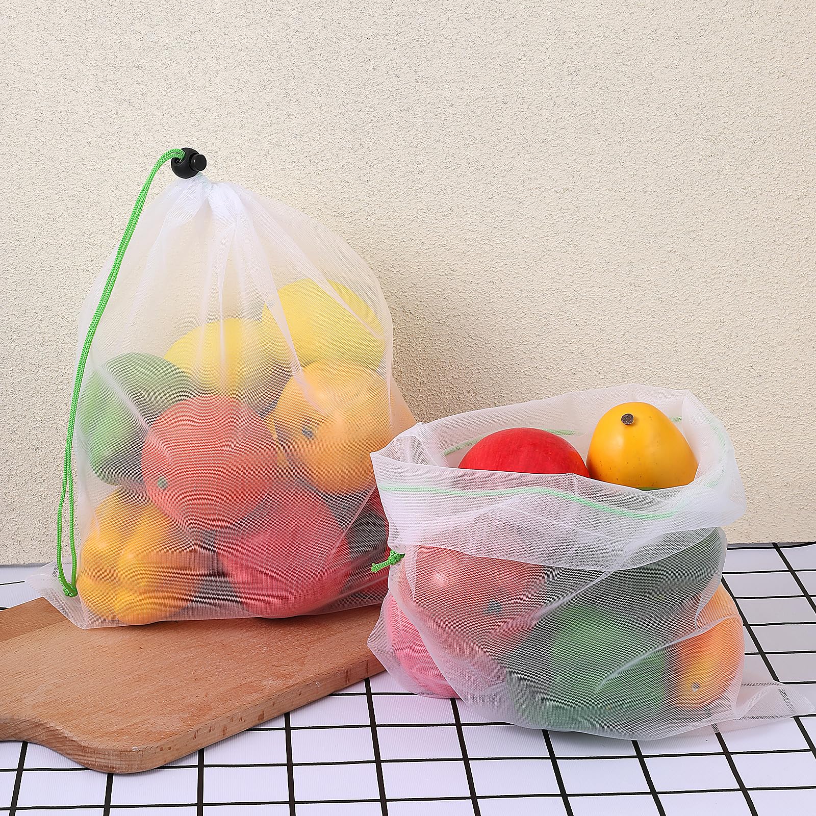 Sacs réutilisables en filet pour fruits et légumes, lot de 8 avec cordon de serrage