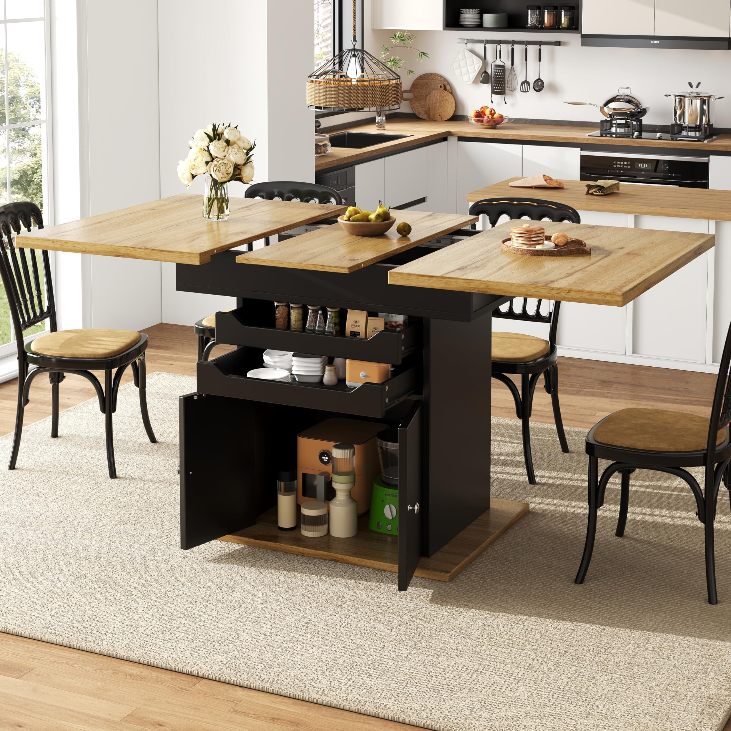 FammyLoft Extendable Dining Table 110–140cm, Small Kitchen Table for 4–6 People, Space Saving Dining Table with 2 Drawers & Storage Cabinet, Telescopic Wooden Table for Kitchen & Dining Room, Black