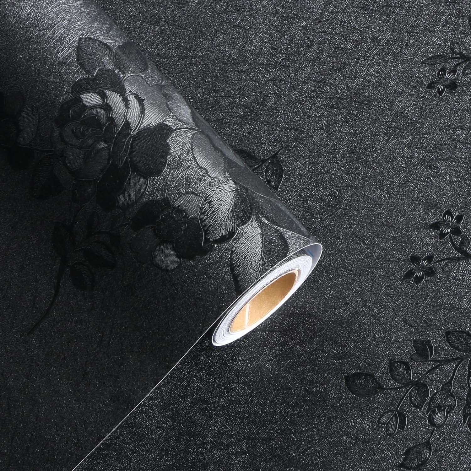 Black Floral Wallpaper, 17.7 x 118 in Peel and Stick Waterproof Self Adhesive Wall Paper, Removable Vintage Black Floral Embossed Contact Paper for Cabinets Drawers Kitchen Countertop Wall