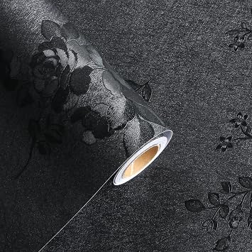 Black Floral Wallpaper, 17.7 x 118 in Peel and Stick Waterproof Self Adhesive Wall Paper, Removable Vintage Black Floral Embossed Contact Paper for Cabinets Drawers Kitchen Countertop Wall