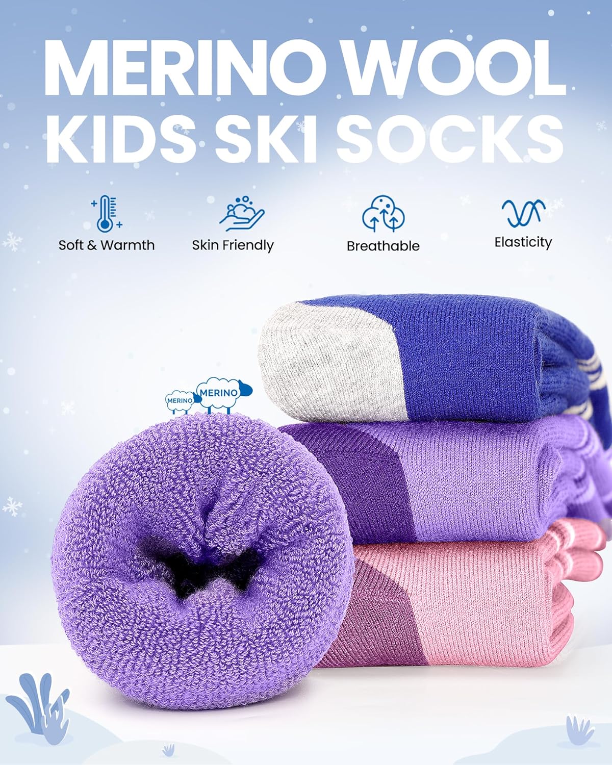 OutdoorMaster Merino Wool Ski Socks for Kids, Boys & Girls, Thermal Winter Warm Snowboarding Socks for Cold Weather